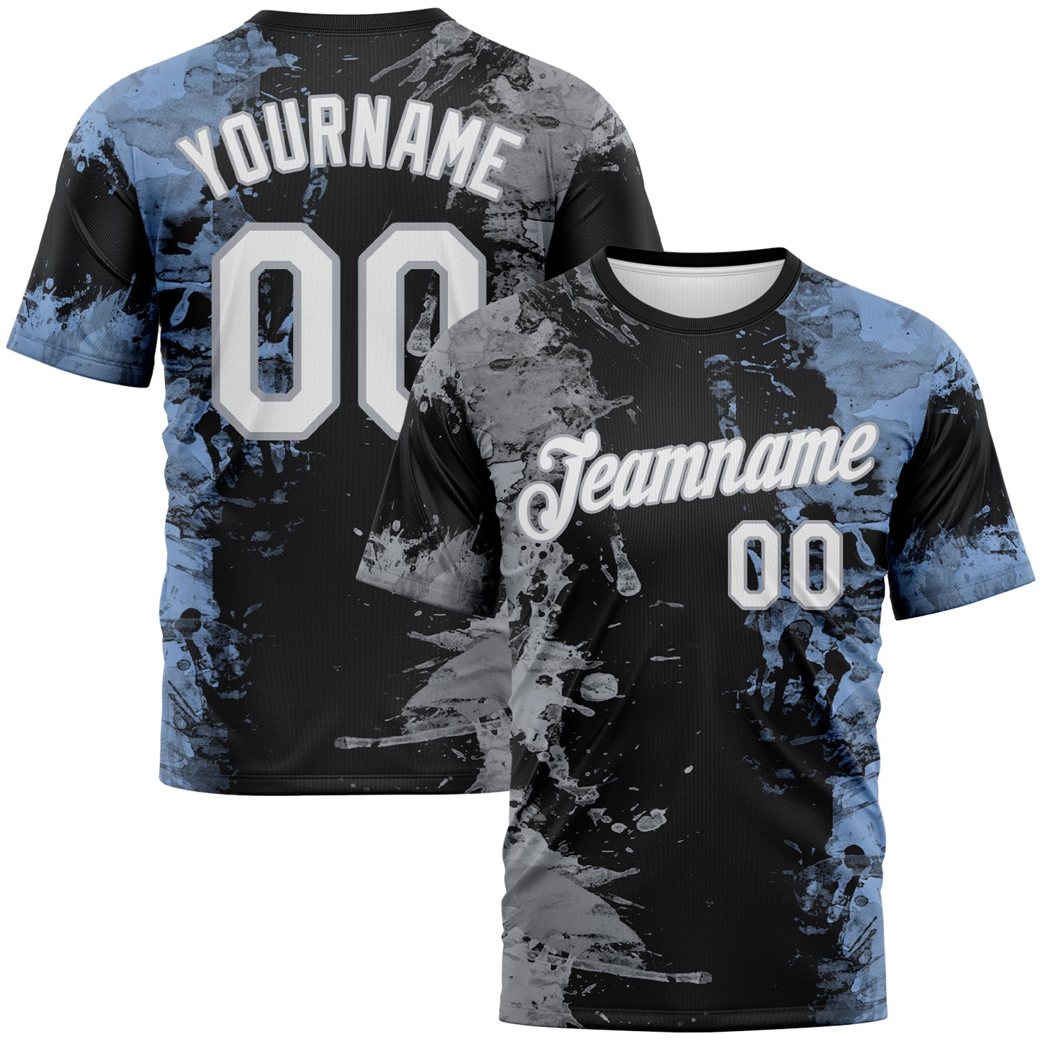 Custom Gray White Black-Light Blue 3D Pattern Ink Splash Duotono Style Performance T-Shirt