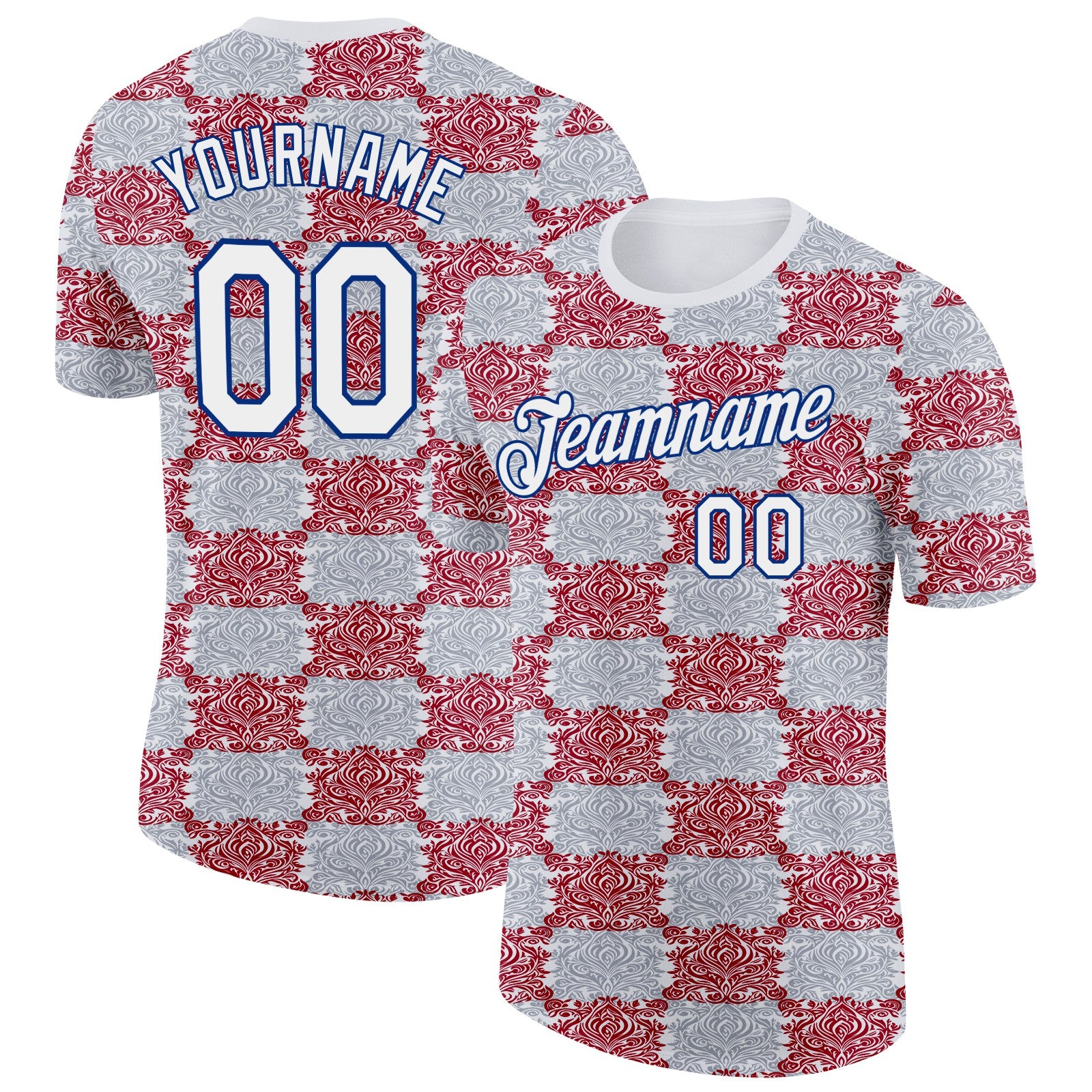 Custom Gray White Red-Royal England Checkerboard Damask Performance T-Shirt