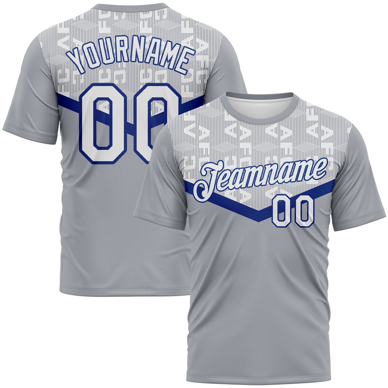 Custom Gray White-Royal 3D Pattern Geometric Letter Chevron Stripe Performance T-Shirt