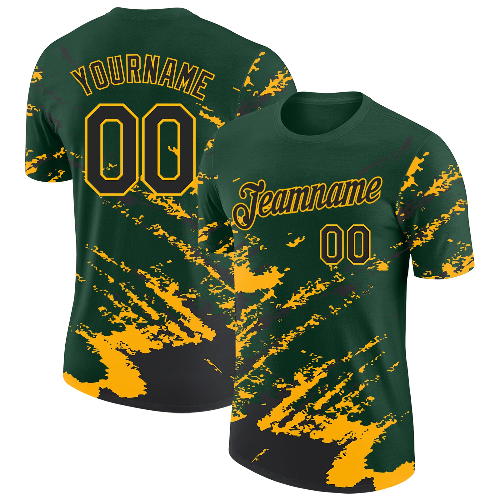Custom Green Black-Gold Brush Stroke Shatter Splatter Performance T-Shirt