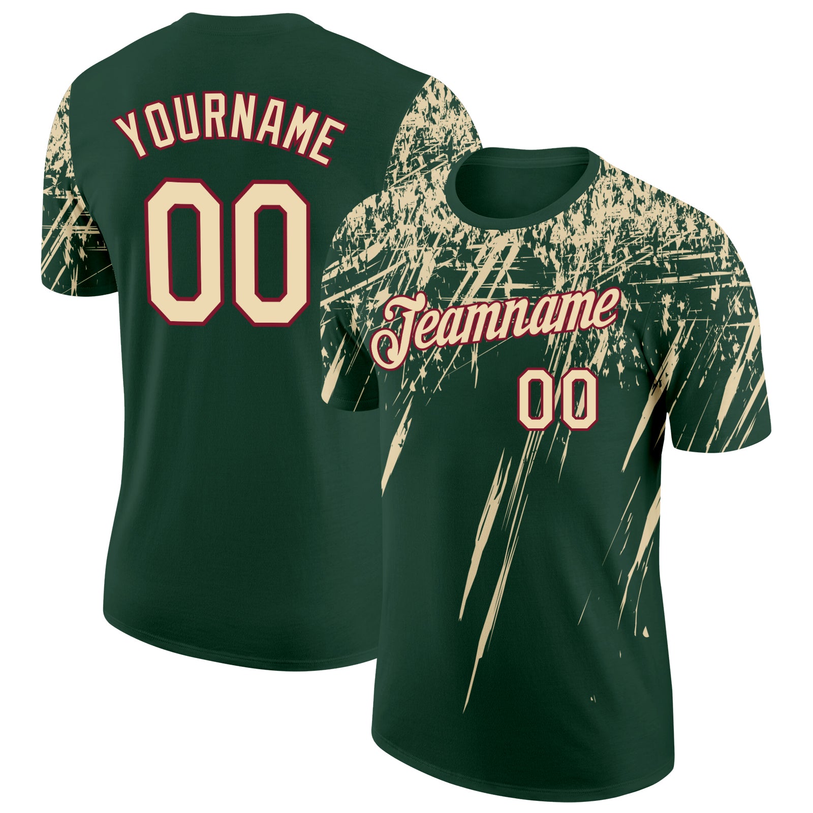 Custom Green Cream-Crimson Distressed Scratch Brush Stroke Performance T-Shirt