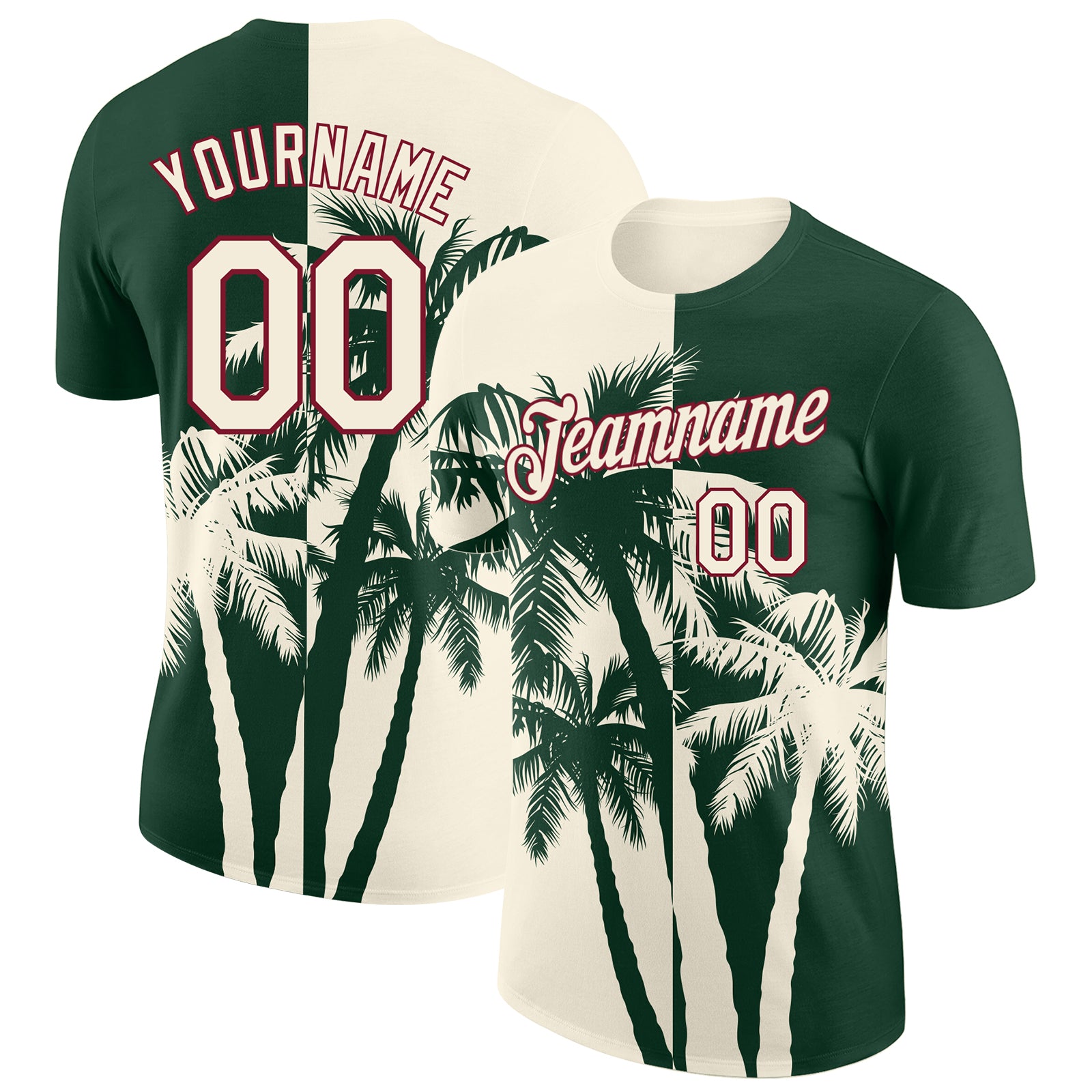 Custom Green Cream-Crimson Hawaii Tropical Coastal Palm Trees Performance T-Shirt
