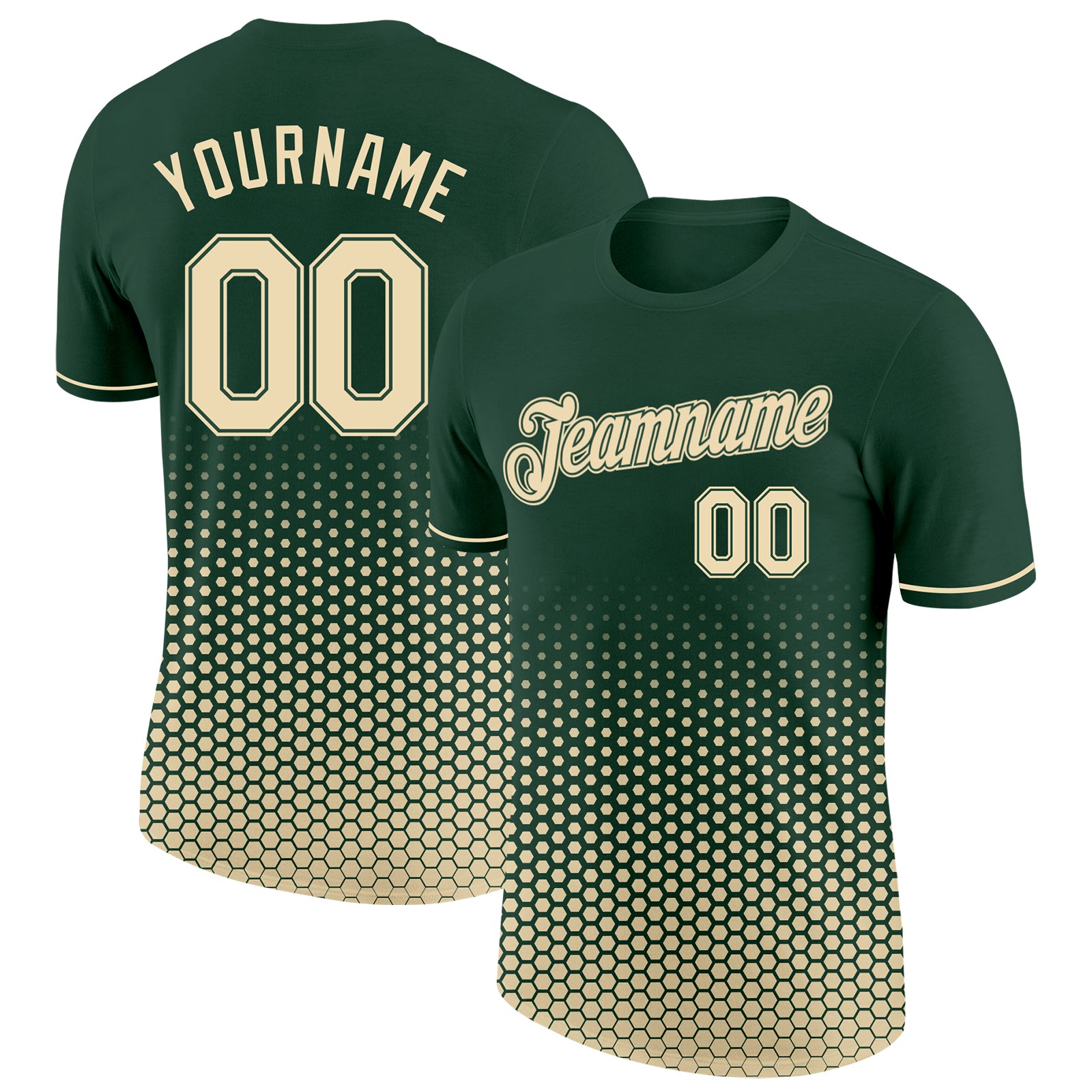 Custom Green-Cream Geometric Hexagonal Dot Gradient Performance T-Shirt