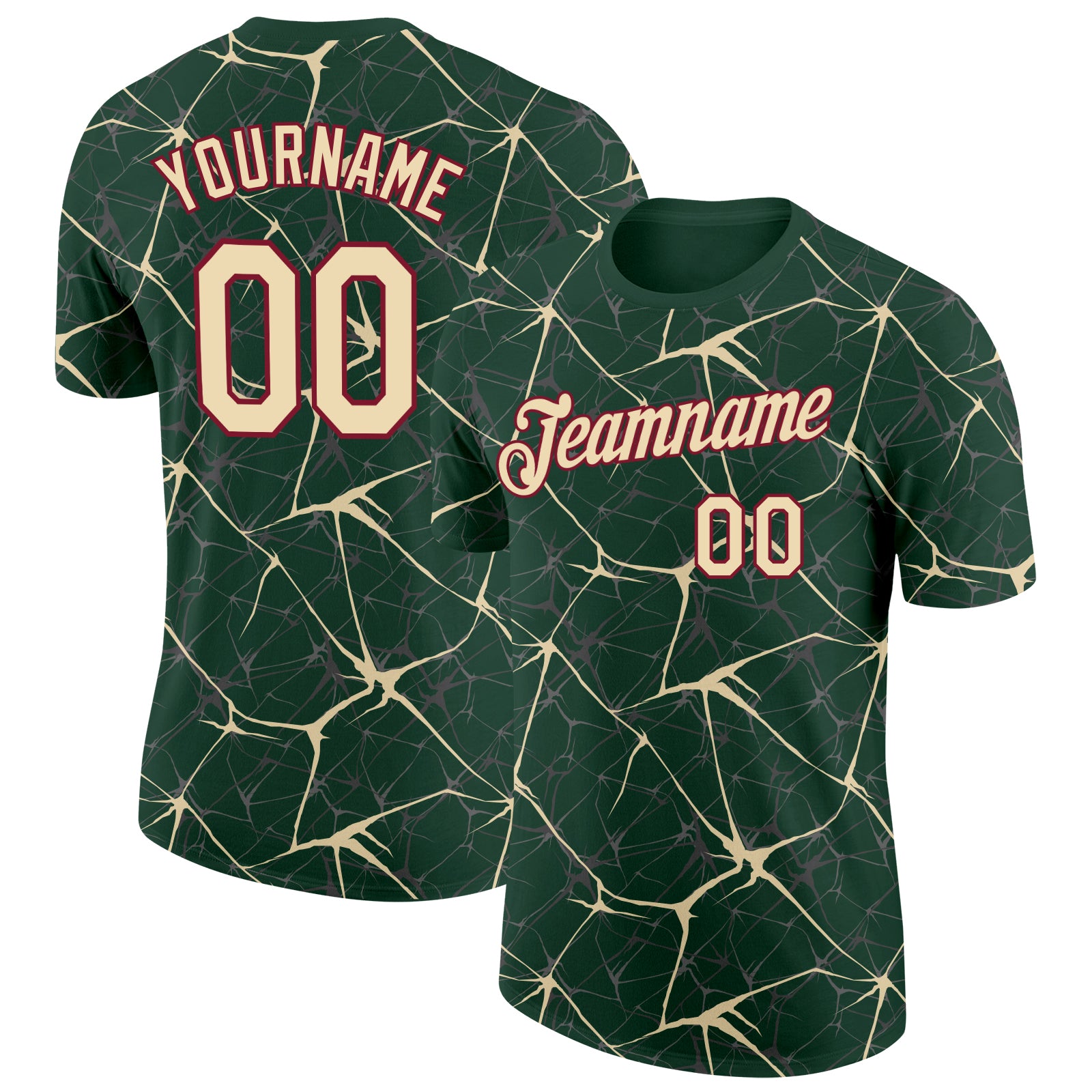 Custom Green Cream Gray-Crimson Abstract Network Crackle Performance T-Shirt
