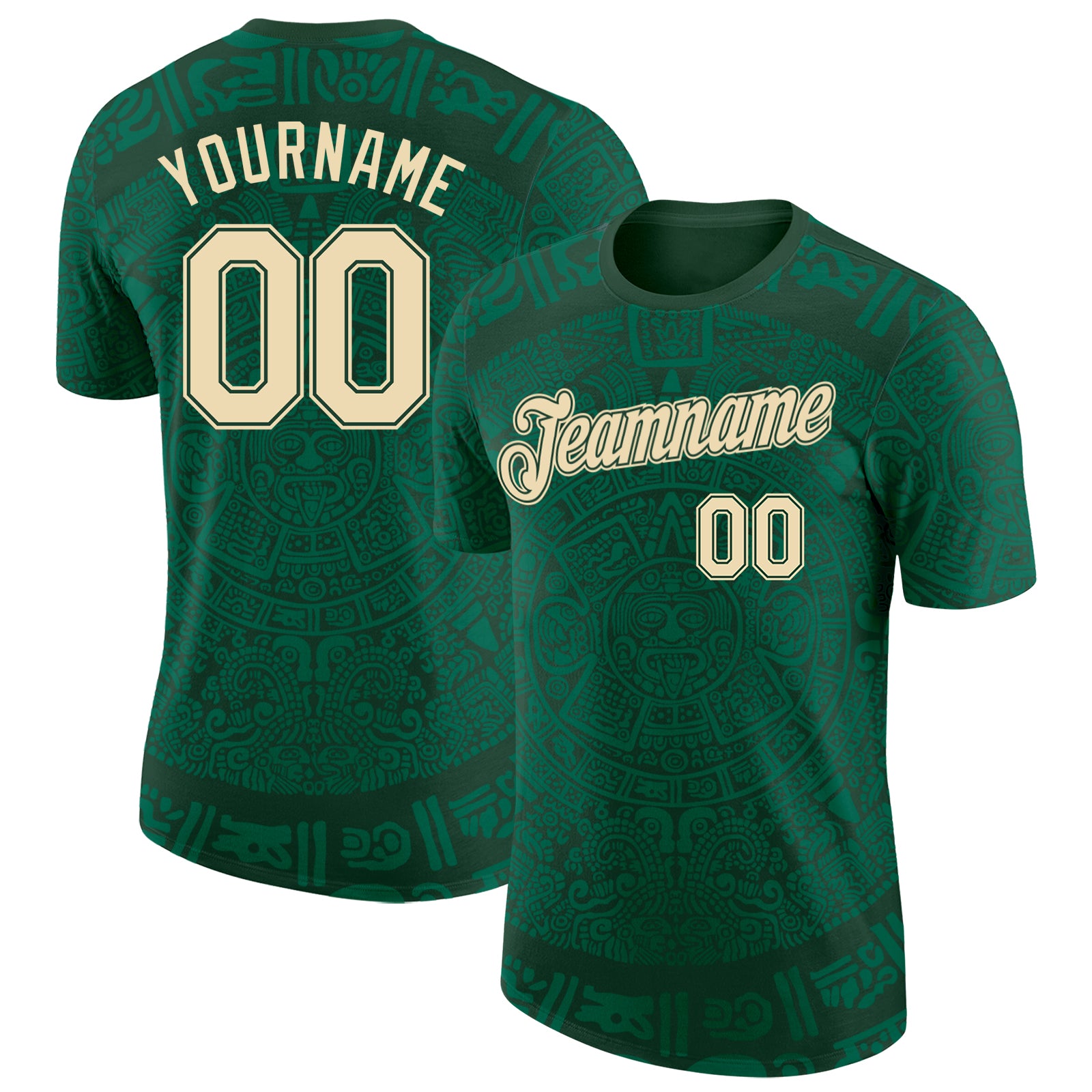 Custom Green-Cream Tribal Ethnic Aztec Sun Stone 3D Pattern Performance T-Shirt