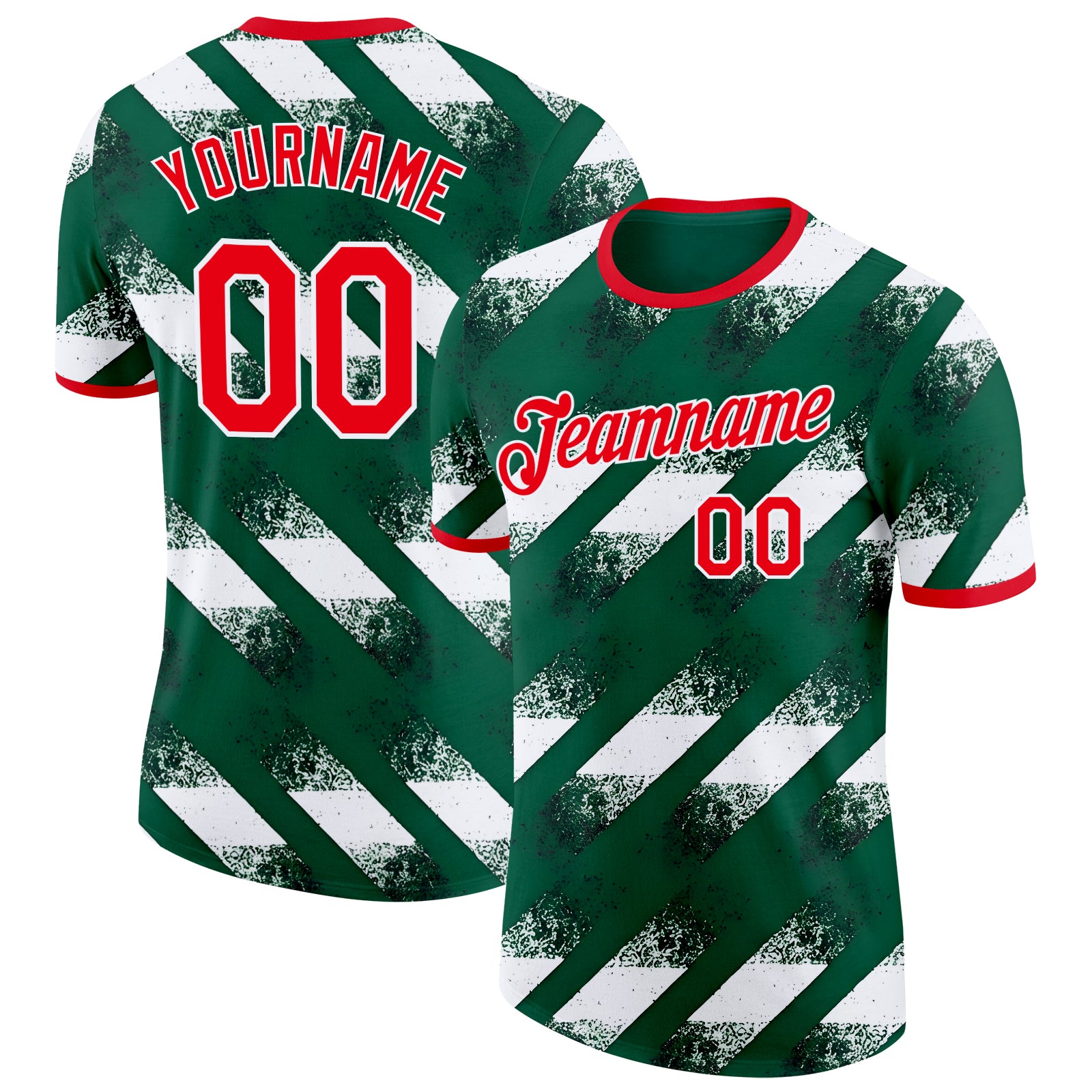 Custom Green Fire Red-White Algeria Distressed Diagonal Stripe Performance T-Shirt