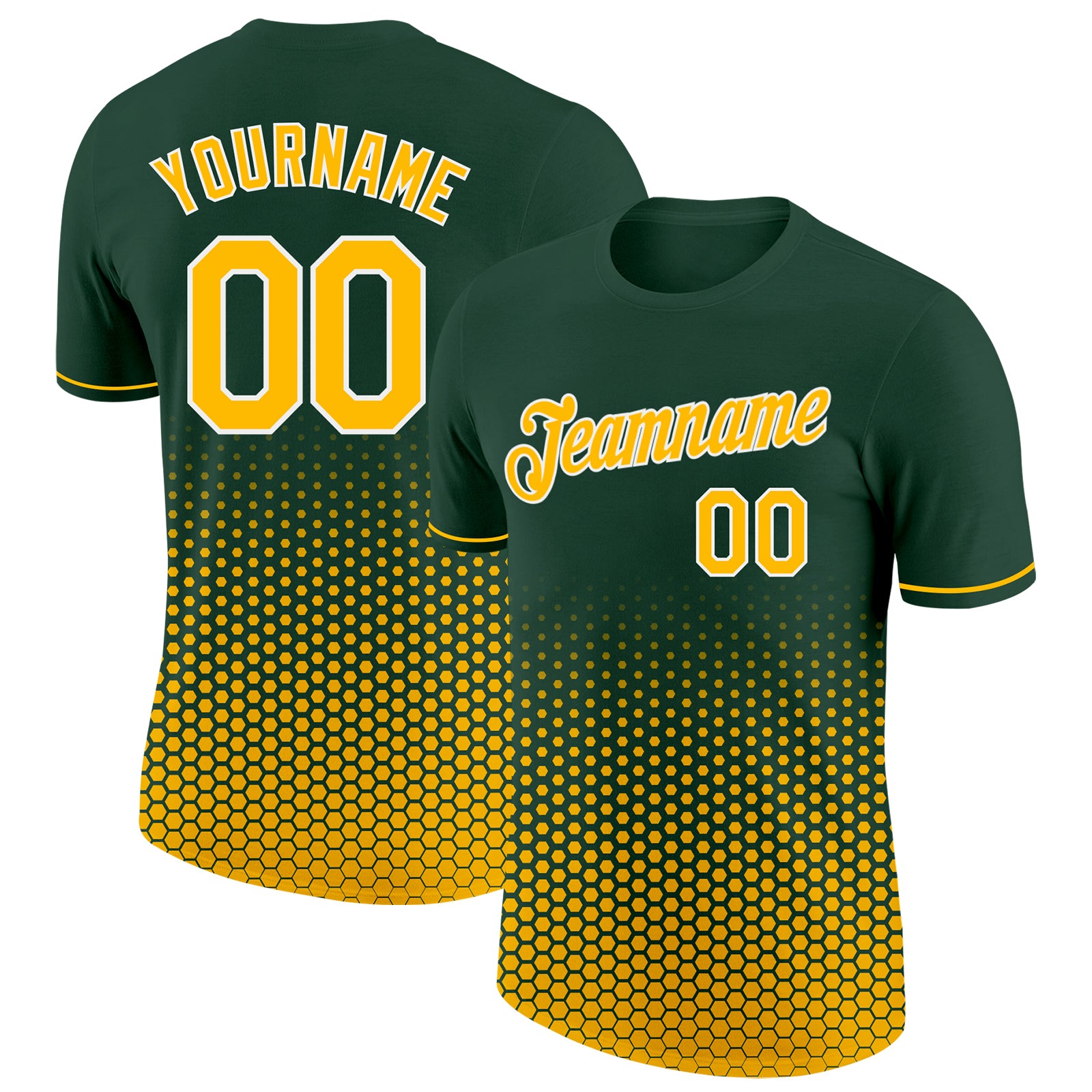 Custom Green Gold-White Geometric Hexagonal Dot Gradient Performance T-Shirt