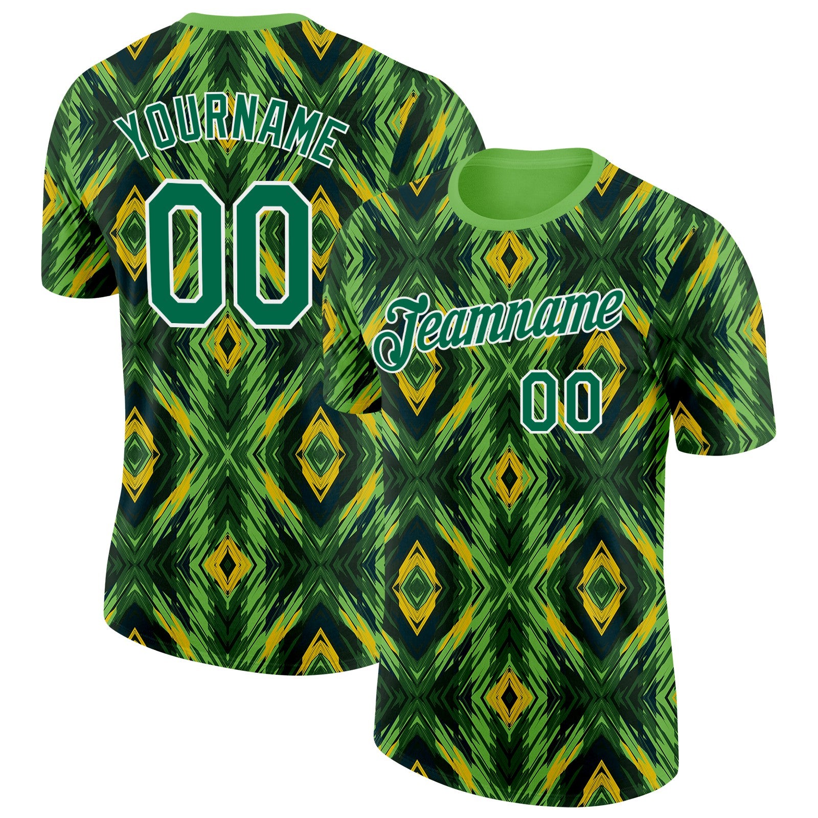 Custom Green Kelly Green Yellow Black-White Brazil Geometric Shape Performance T-Shirt