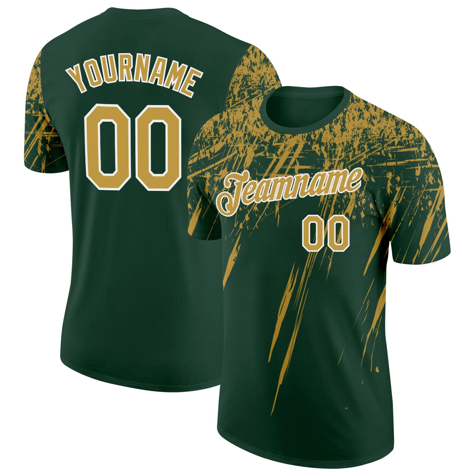Custom Green Old Gold-White Distressed Scratch Brush Stroke Performance T-Shirt