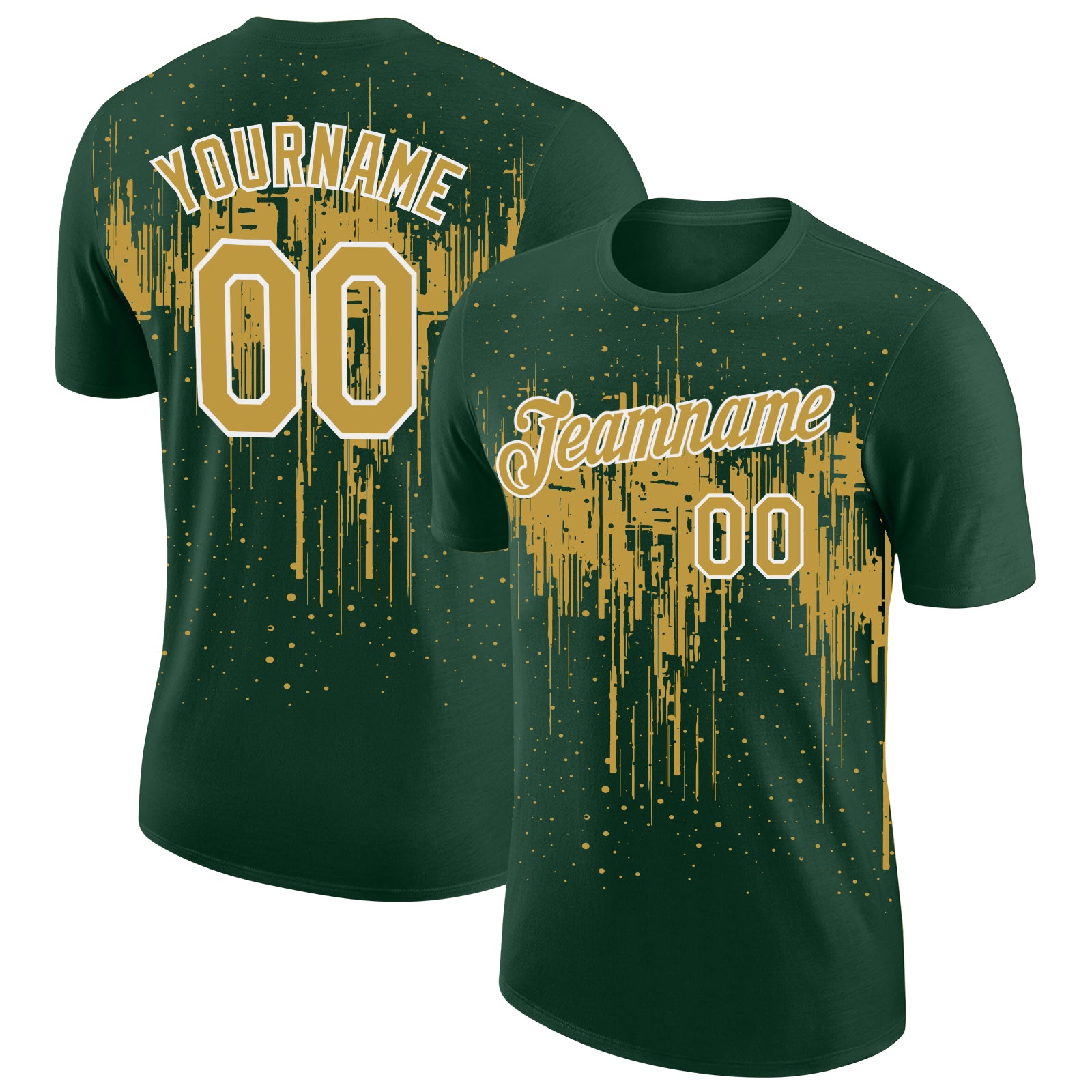 Custom Green Old Gold-White Dripping Splatter Paint Performance T-Shirt