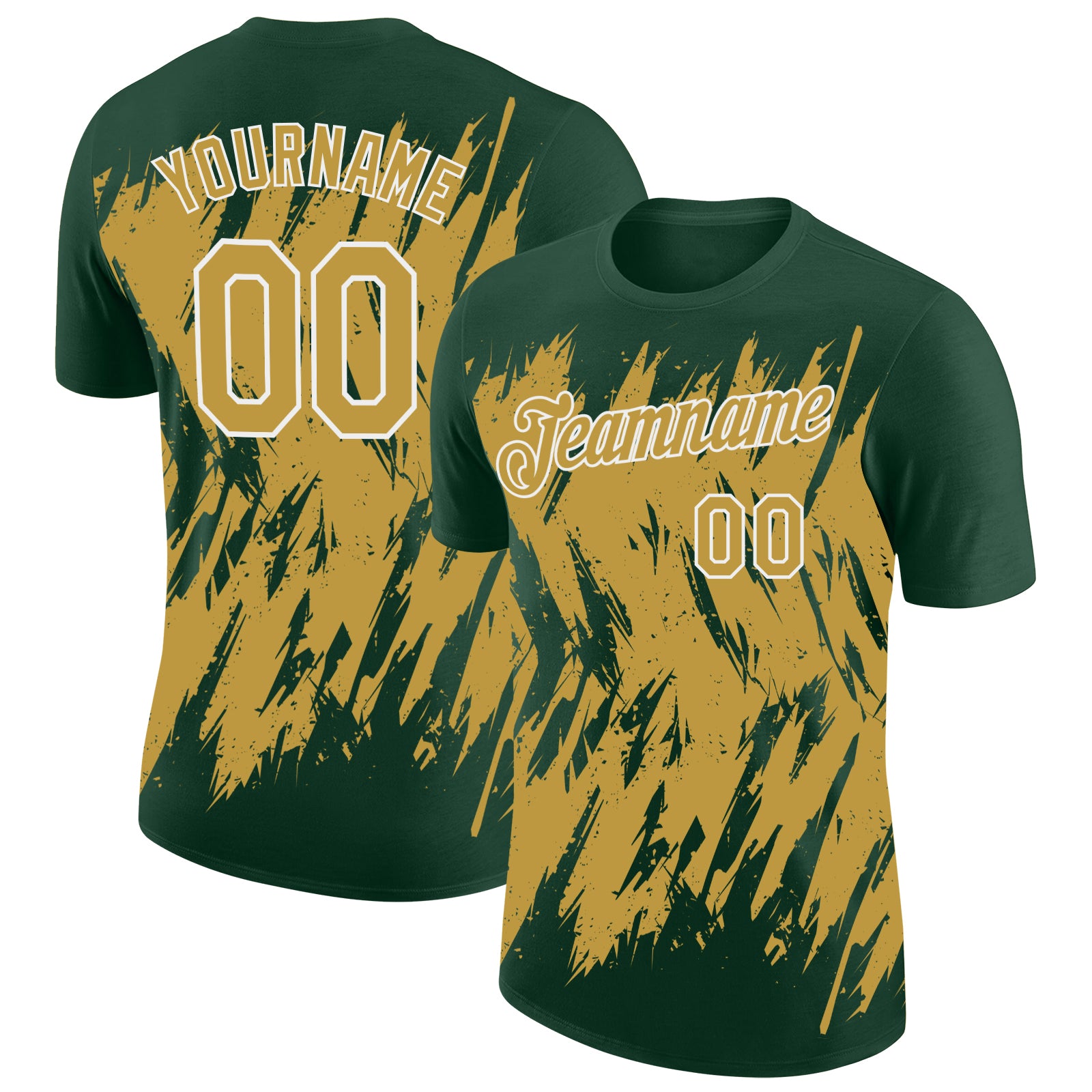 Custom Green Old Gold-White Torn Sharp Brush Stroke Splatter Performance T-Shirt