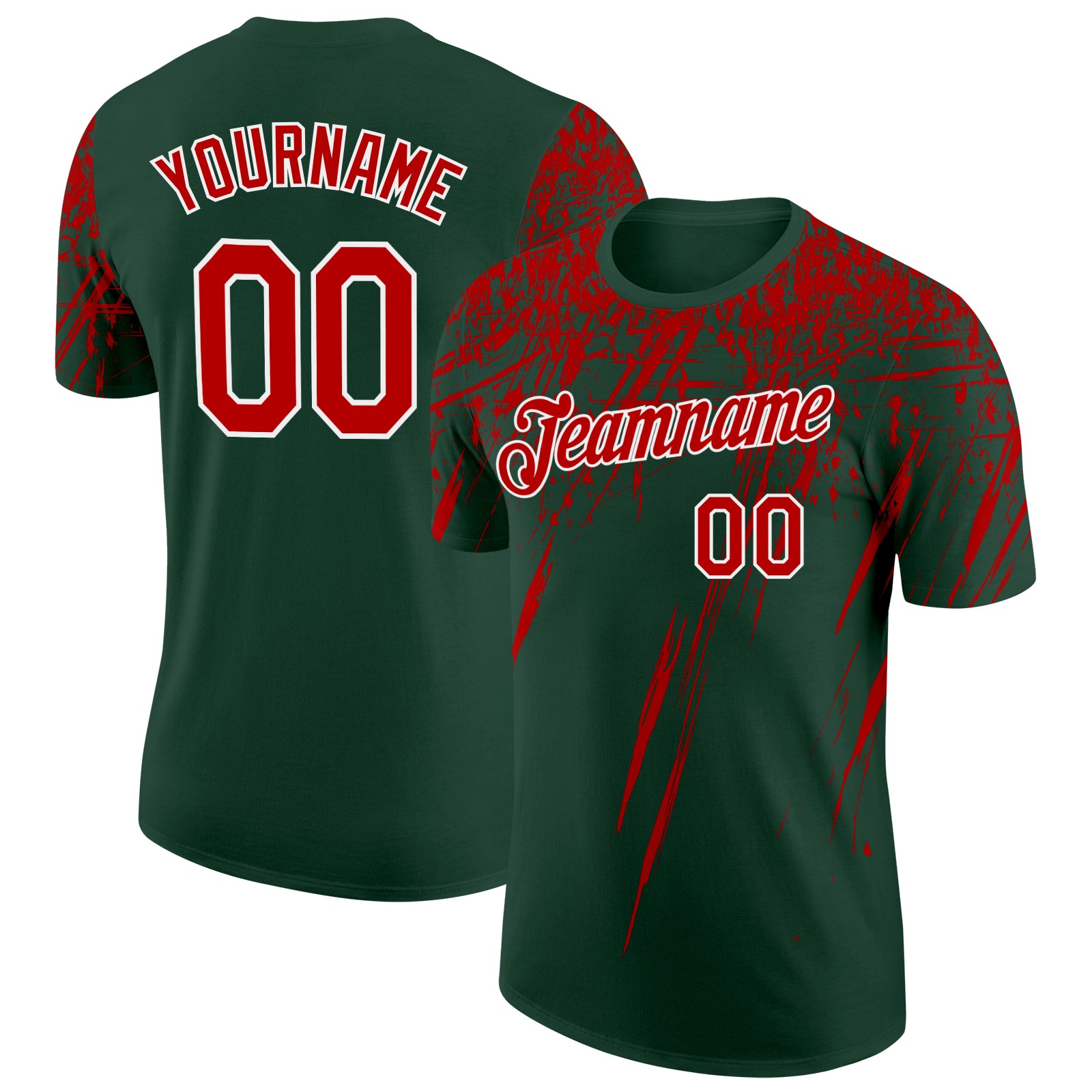 Custom Green Red-White Distressed Scratch Brush Stroke Performance T-Shirt