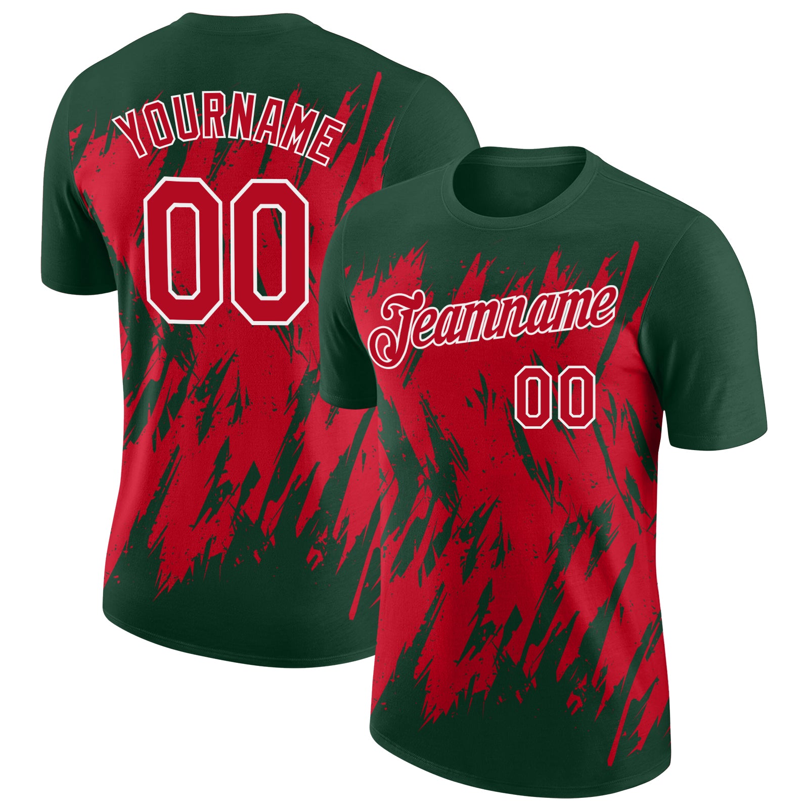 Custom Green Red-White Torn Sharp Brush Stroke Splatter Performance T-Shirt