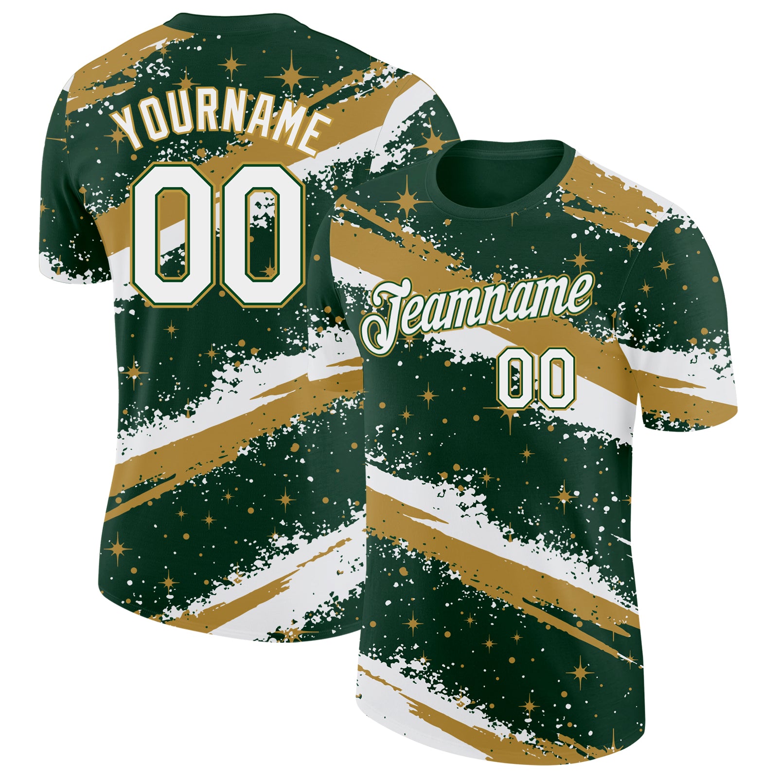 Custom Green White-Old Gold Brush Stroke Splatter Starburst Performance T-Shirt