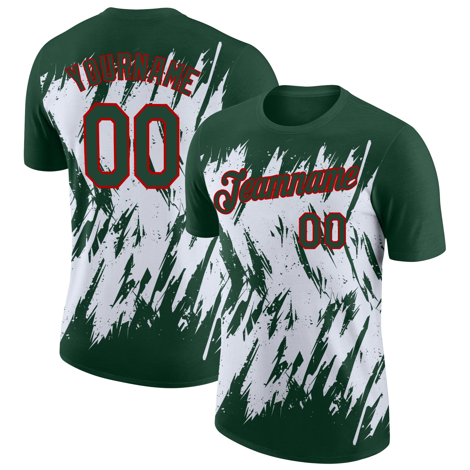 Custom Green White-Red Torn Sharp Brush Stroke Splatter Performance T-Shirt