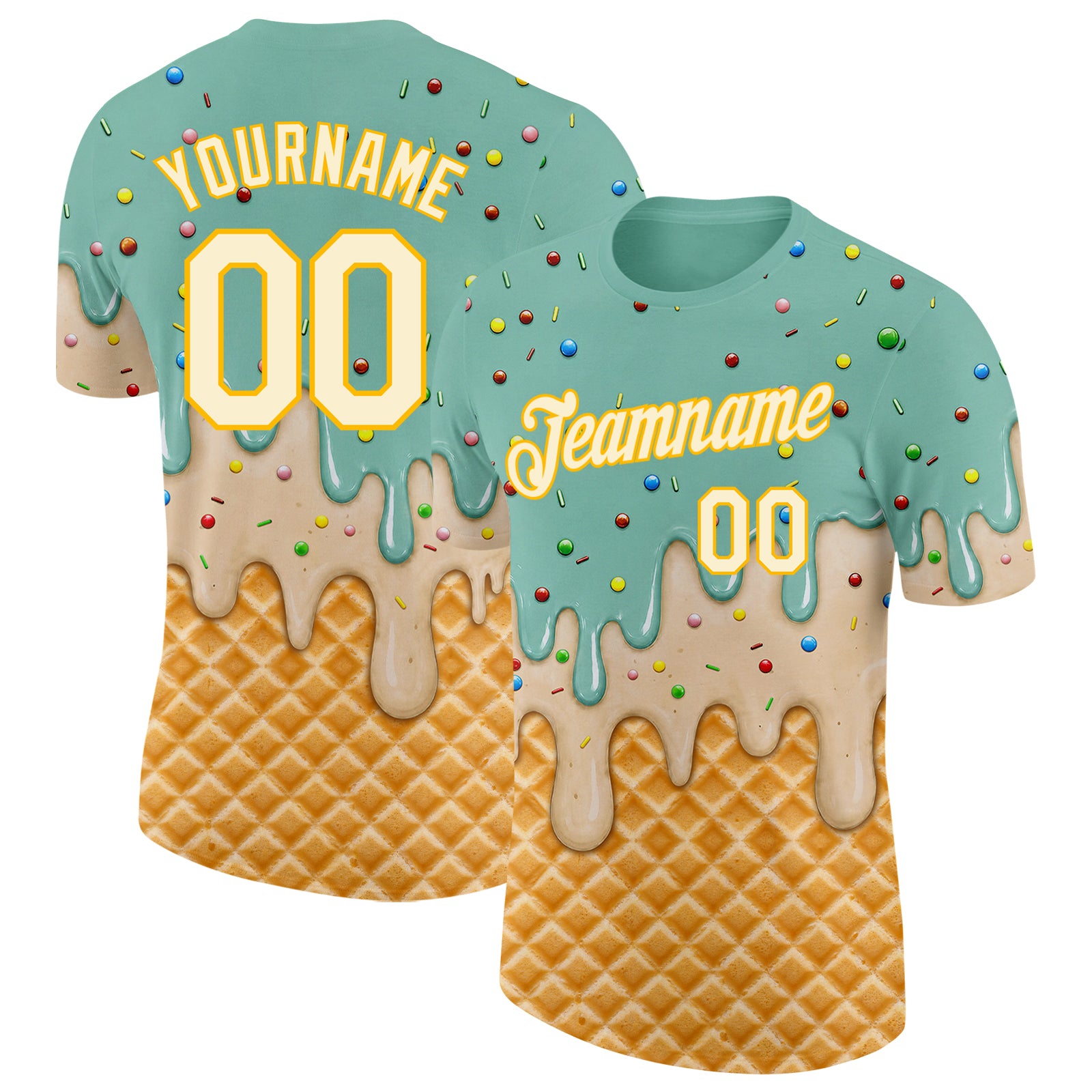 Custom Ice Blue Cream-Gold Ice Cream Waffle Foodie Dessert Performance T-Shirt