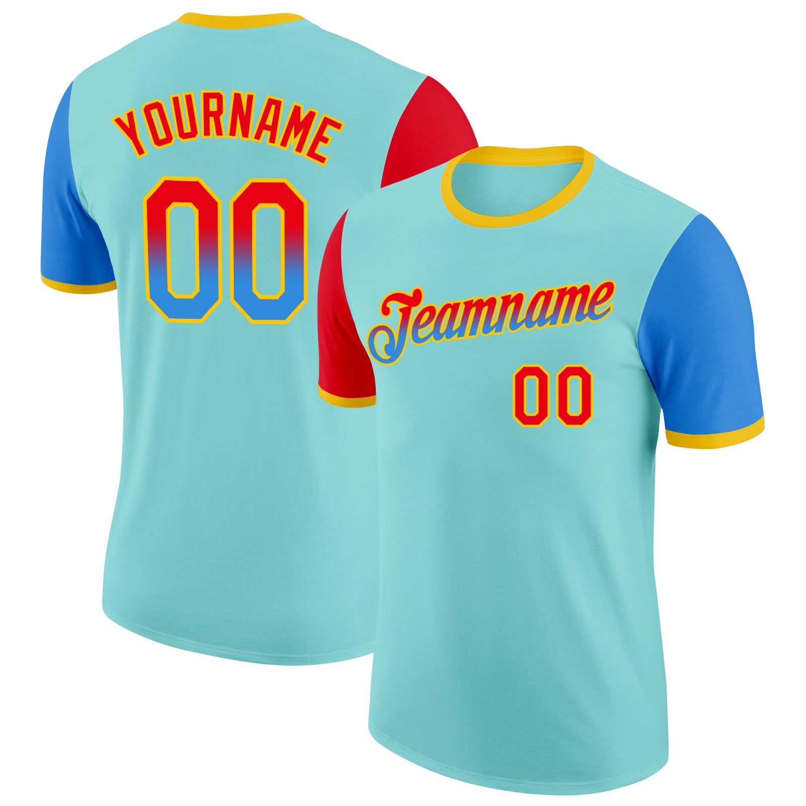 Custom Ice Blue Fire Red Powder Blue-Yellow Gradient Two Tone Performance T-Shirt