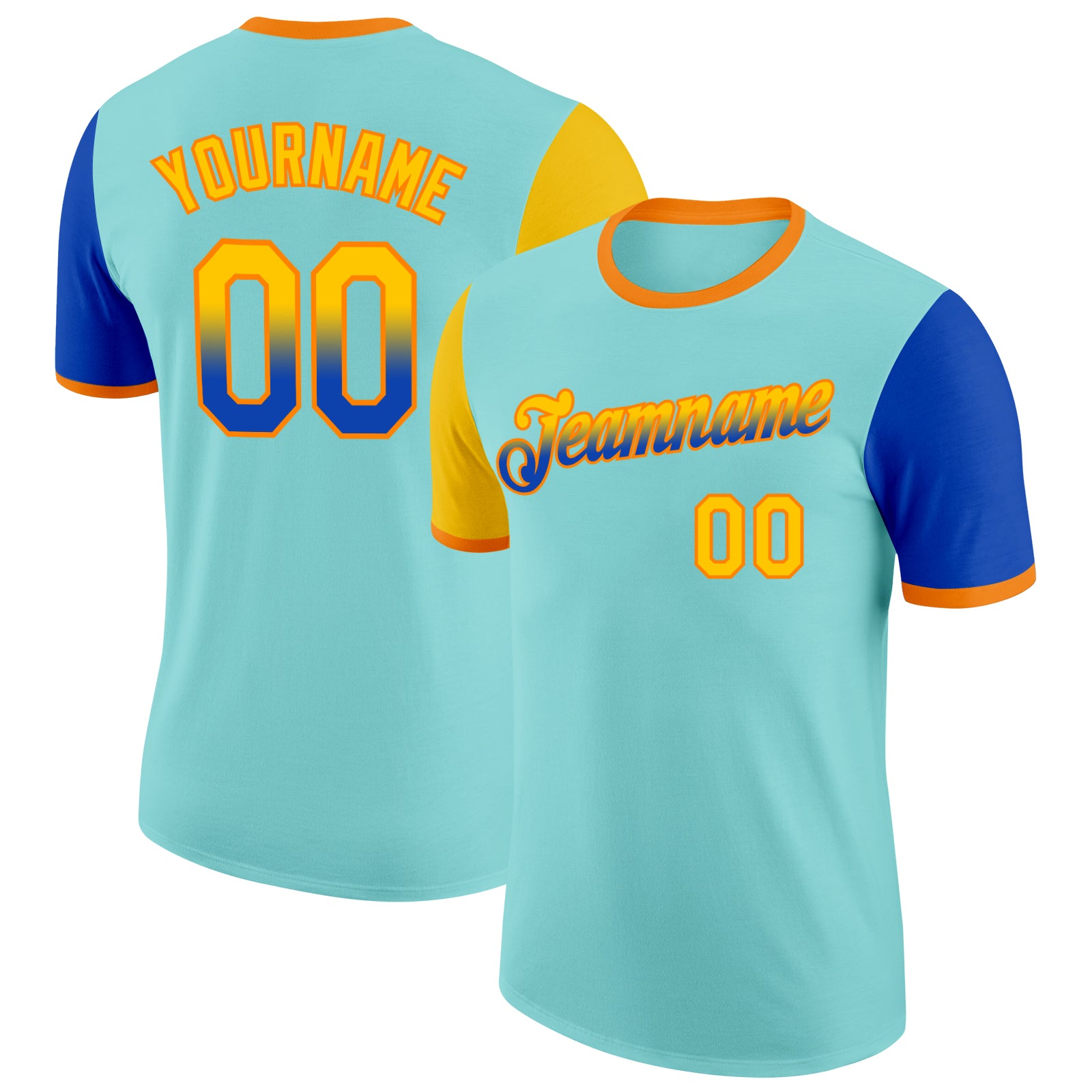 Custom Ice Blue Yellow Thunder Blue-Bay Orange Gradient Two Tone Performance T-Shirt