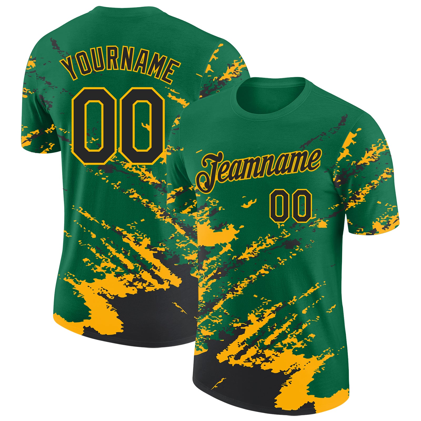 Custom Kelly Green Black-Gold Brush Stroke Shatter Splatter Performance T-Shirt