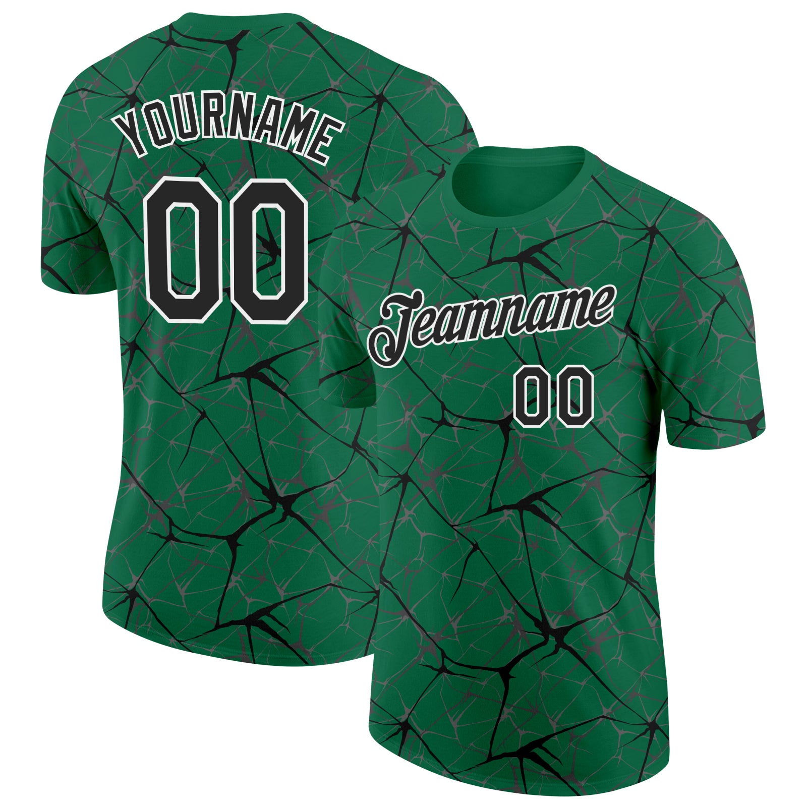 Custom Kelly Green Black Gray-White Abstract Network Crackle Performance T-Shirt