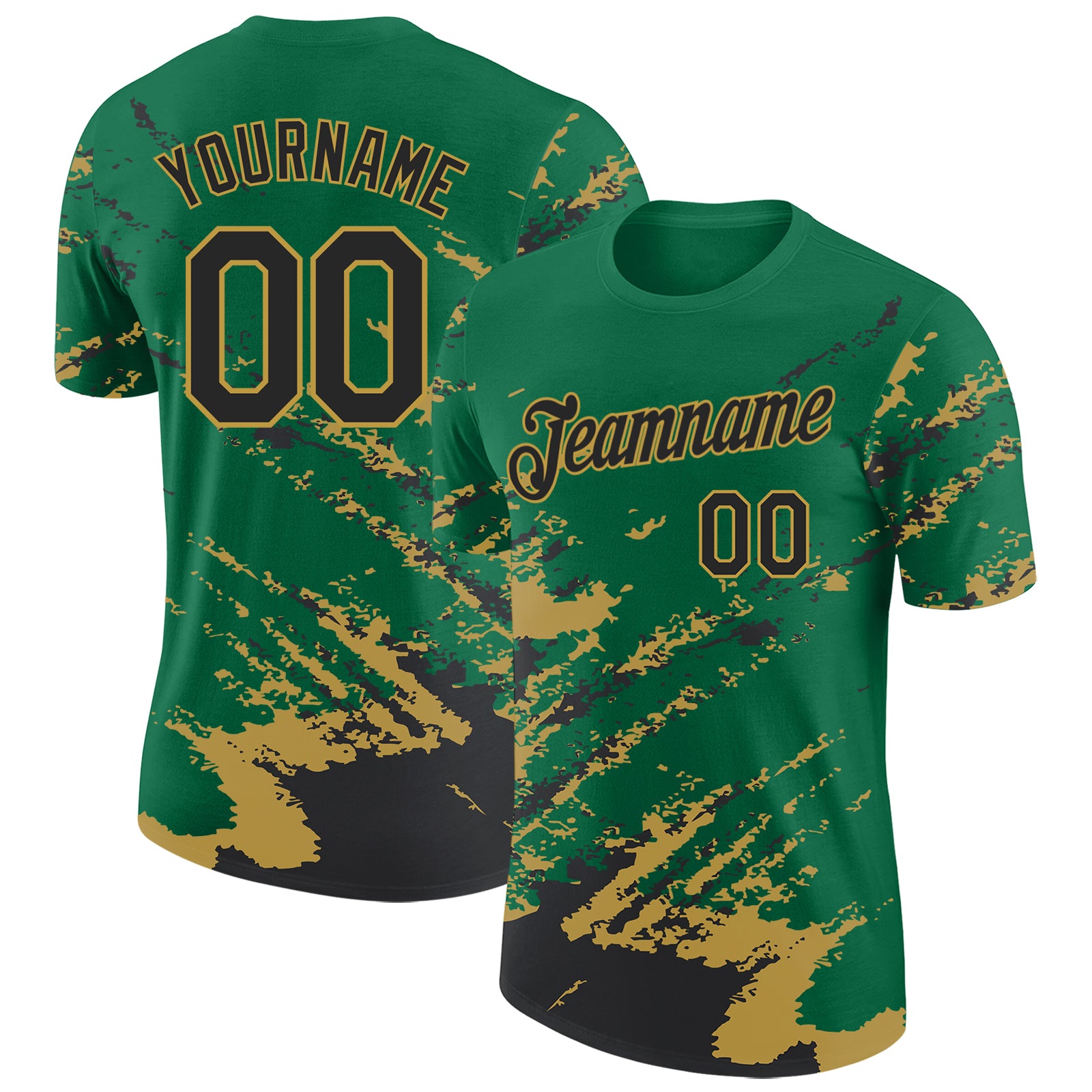 Custom Kelly Green Black-Old Gold Brush Stroke Shatter Splatter Performance T-Shirt