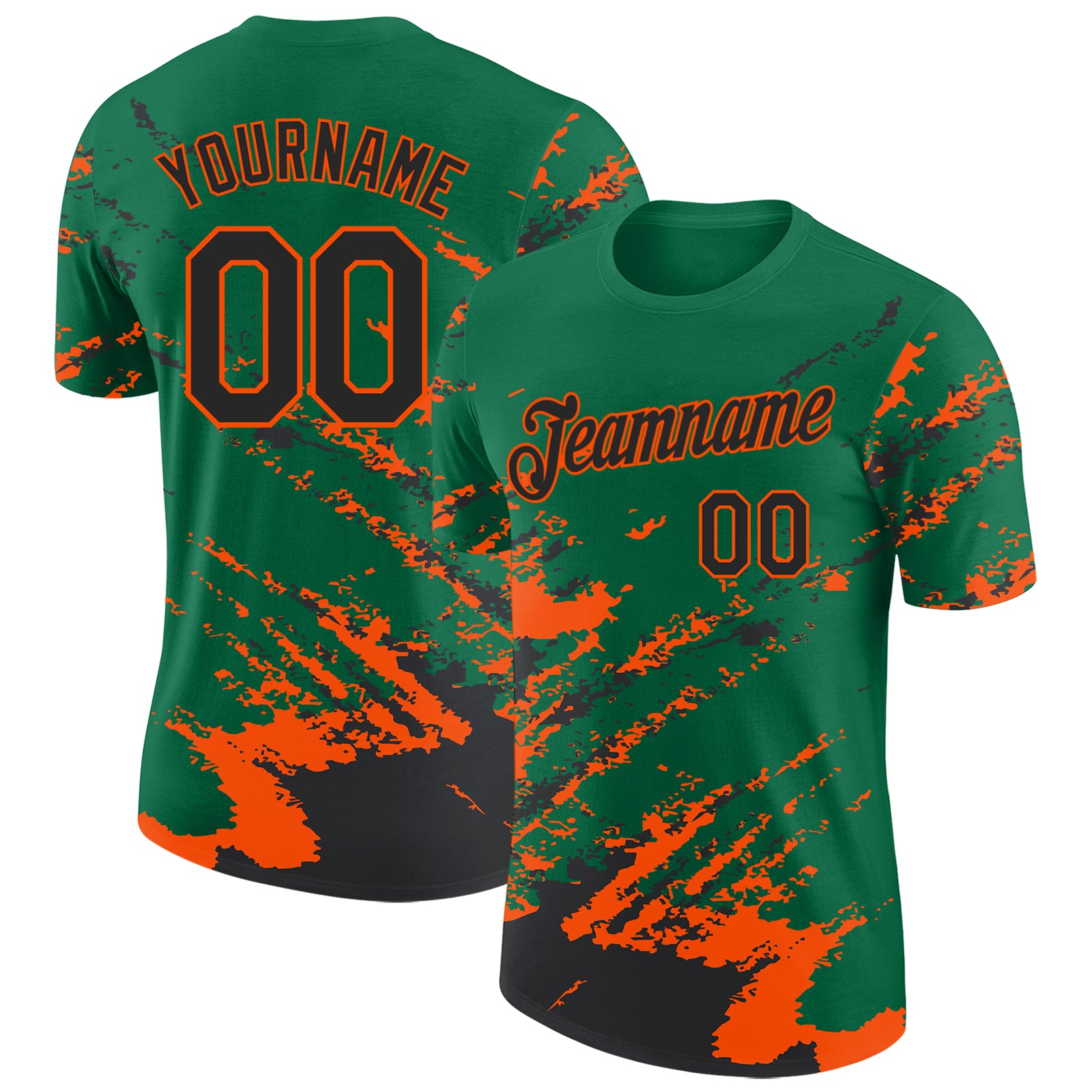 Custom Kelly Green Black-Orange Brush Stroke Shatter Splatter Performance T-Shirt