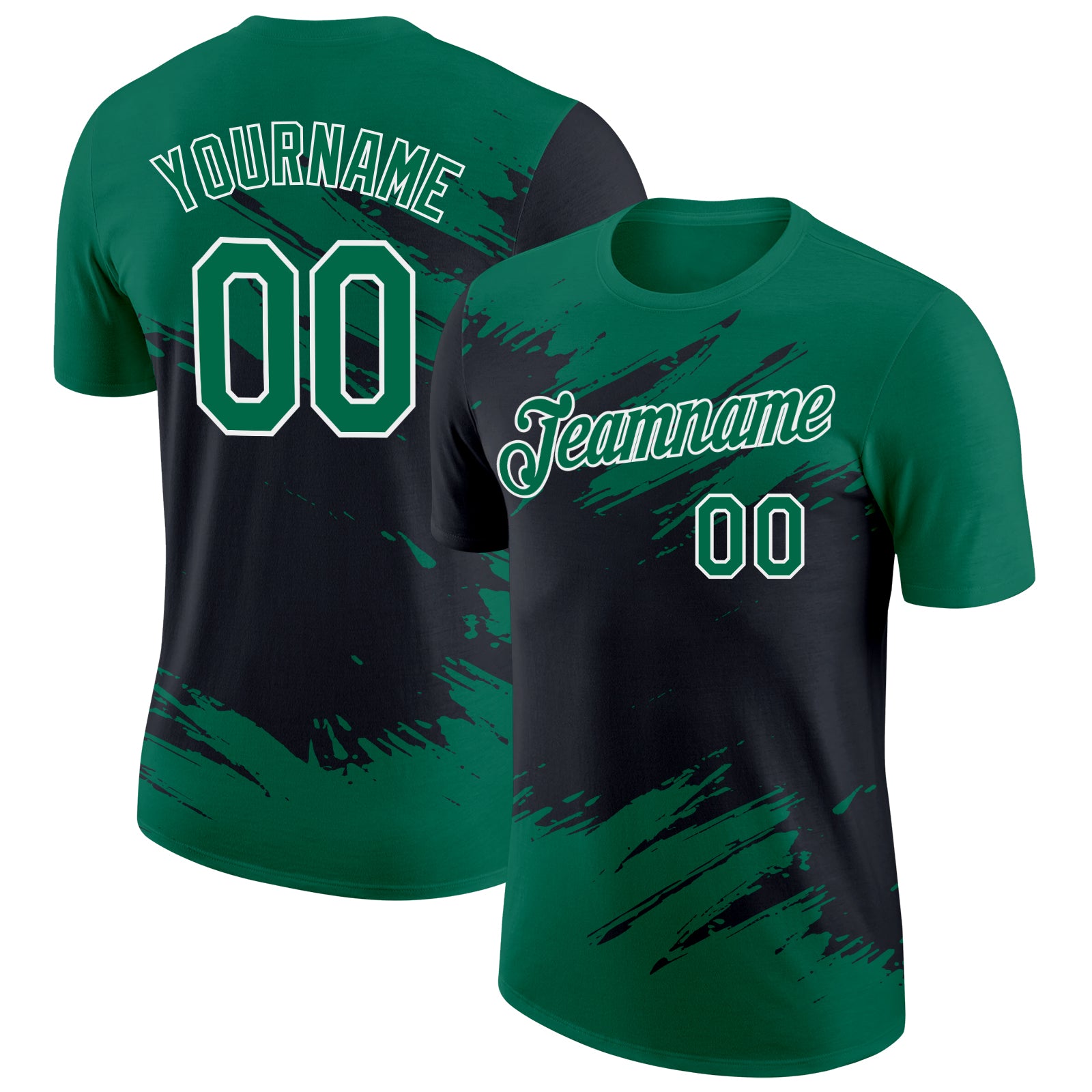 Custom Kelly Green Black-White Abstract Brush Stroke Splatter Performance T-Shirt
