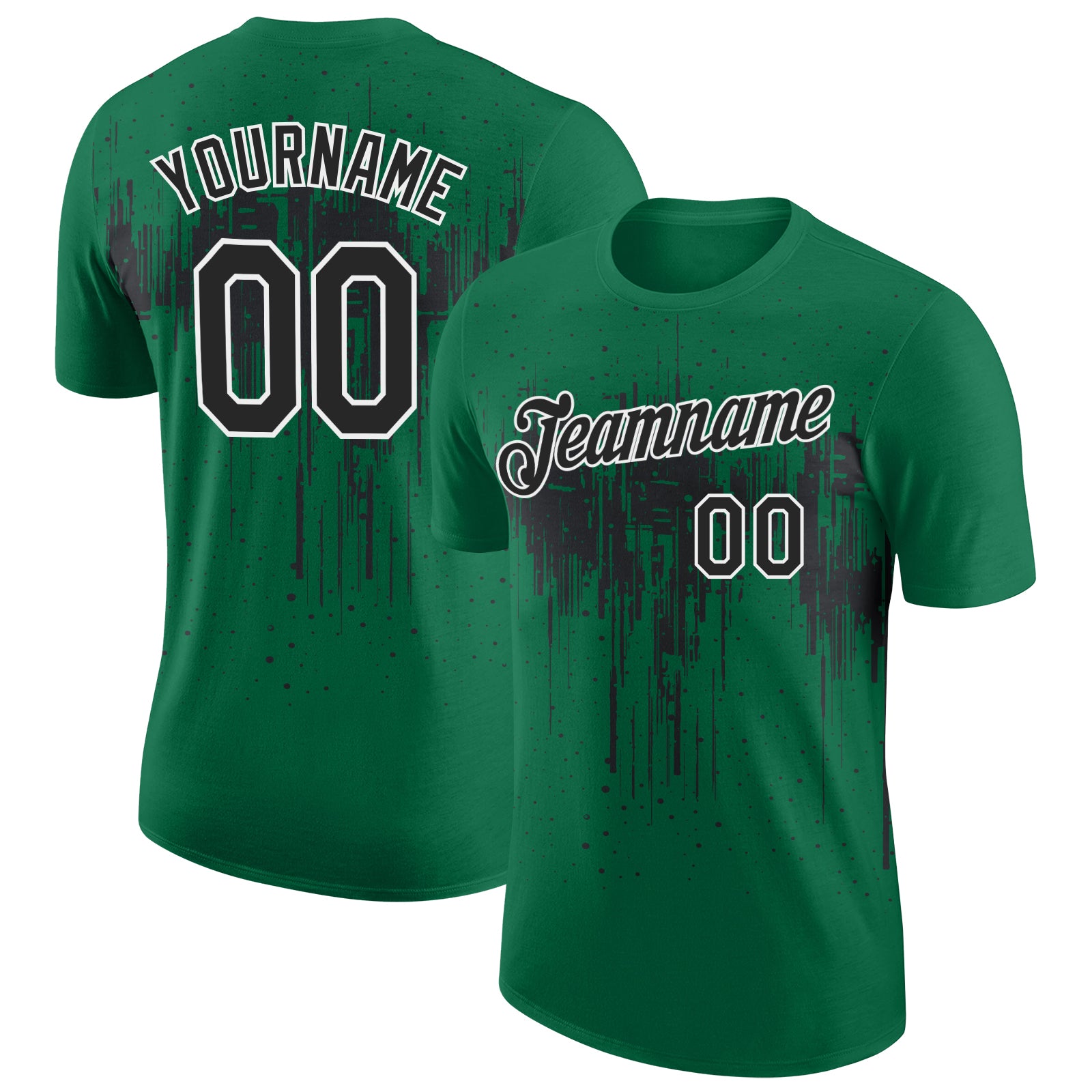 Custom Kelly Green Black-White Dripping Splatter Paint Performance T-Shirt