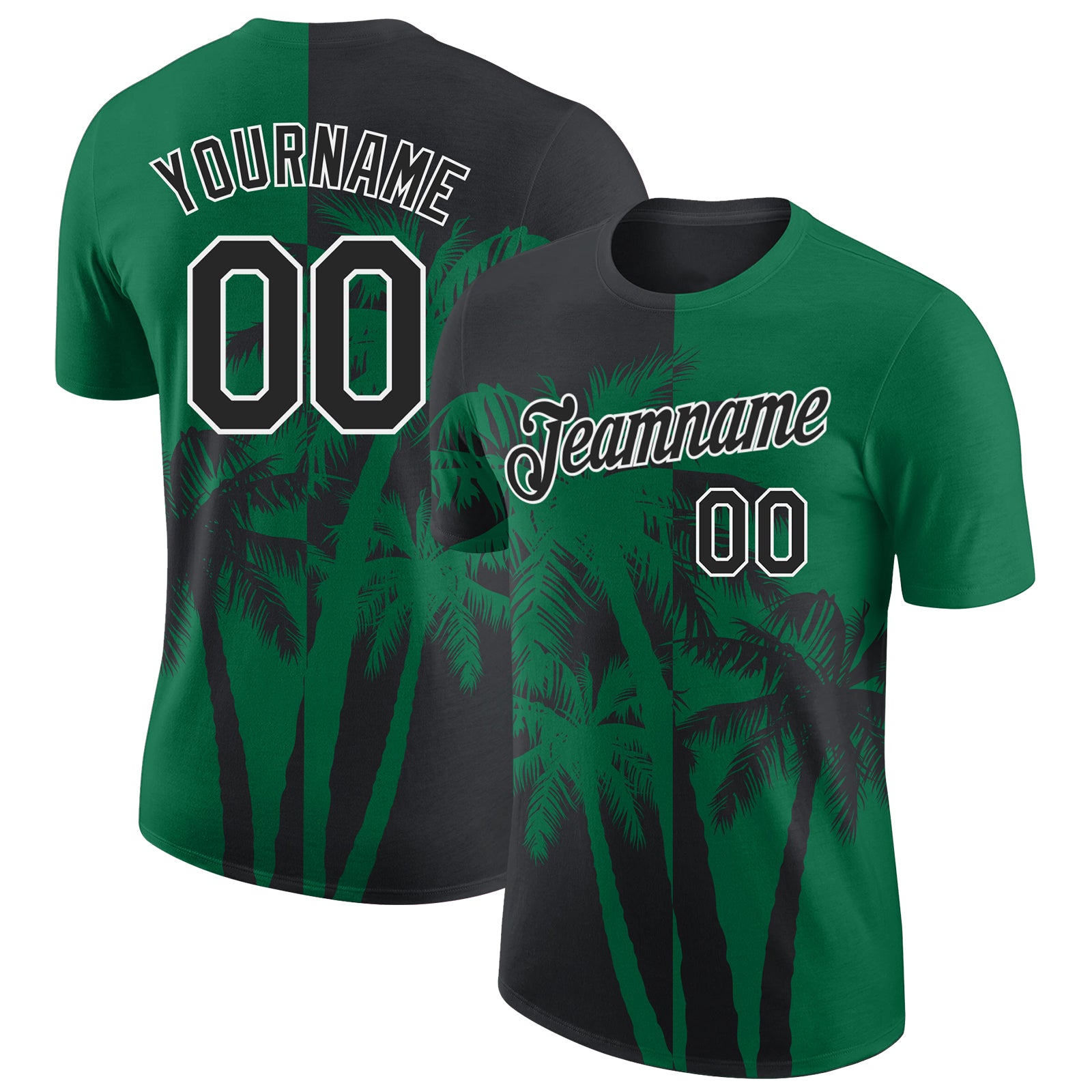 Custom Kelly Green Black-White Hawaii Tropical Coastal Palm Trees Performance T-Shirt