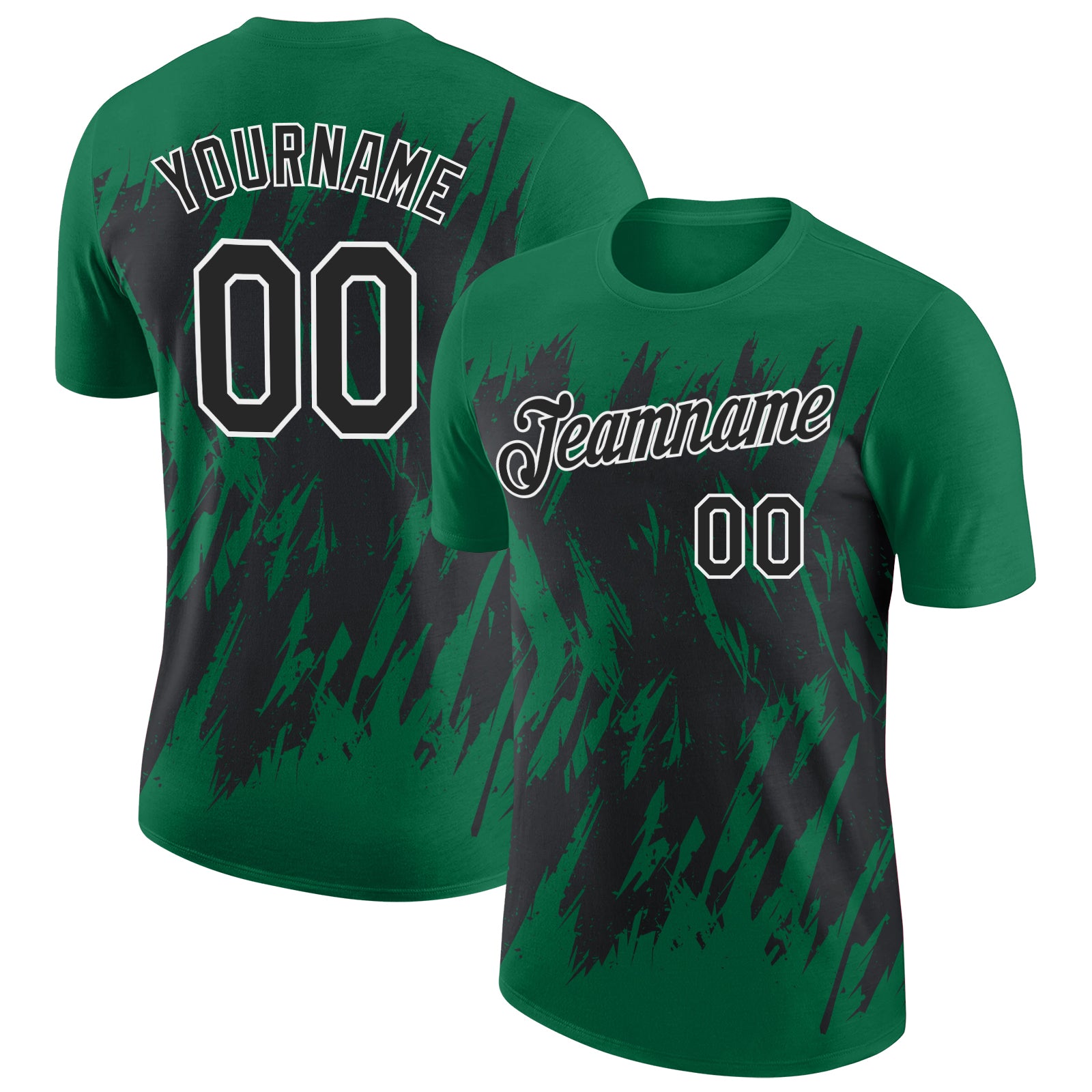 Custom Kelly Green Black-White Torn Sharp Brush Stroke Splatter Performance T-Shirt