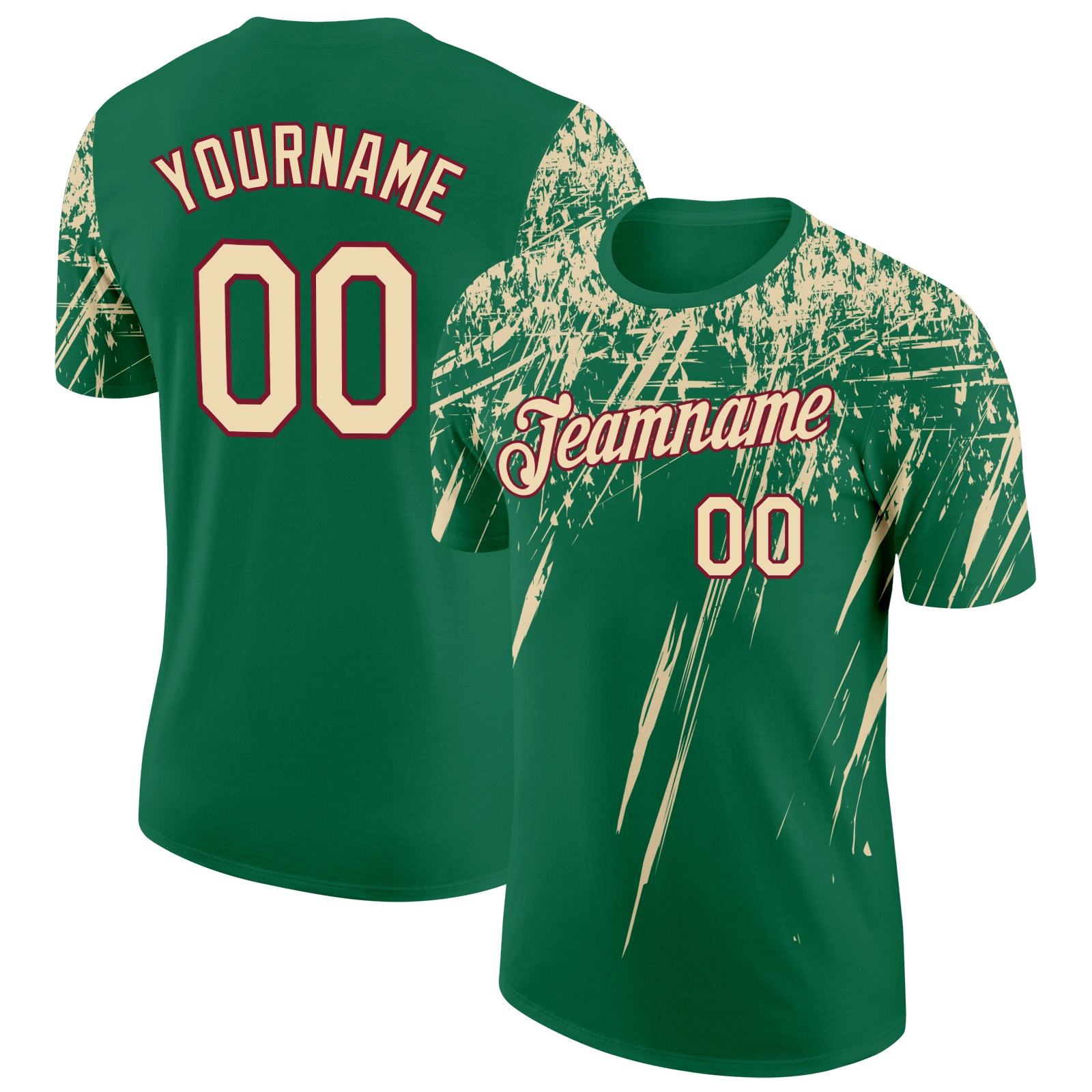 Custom Kelly Green Cream-Crimson Distressed Scratch Brush Stroke Performance T-Shirt