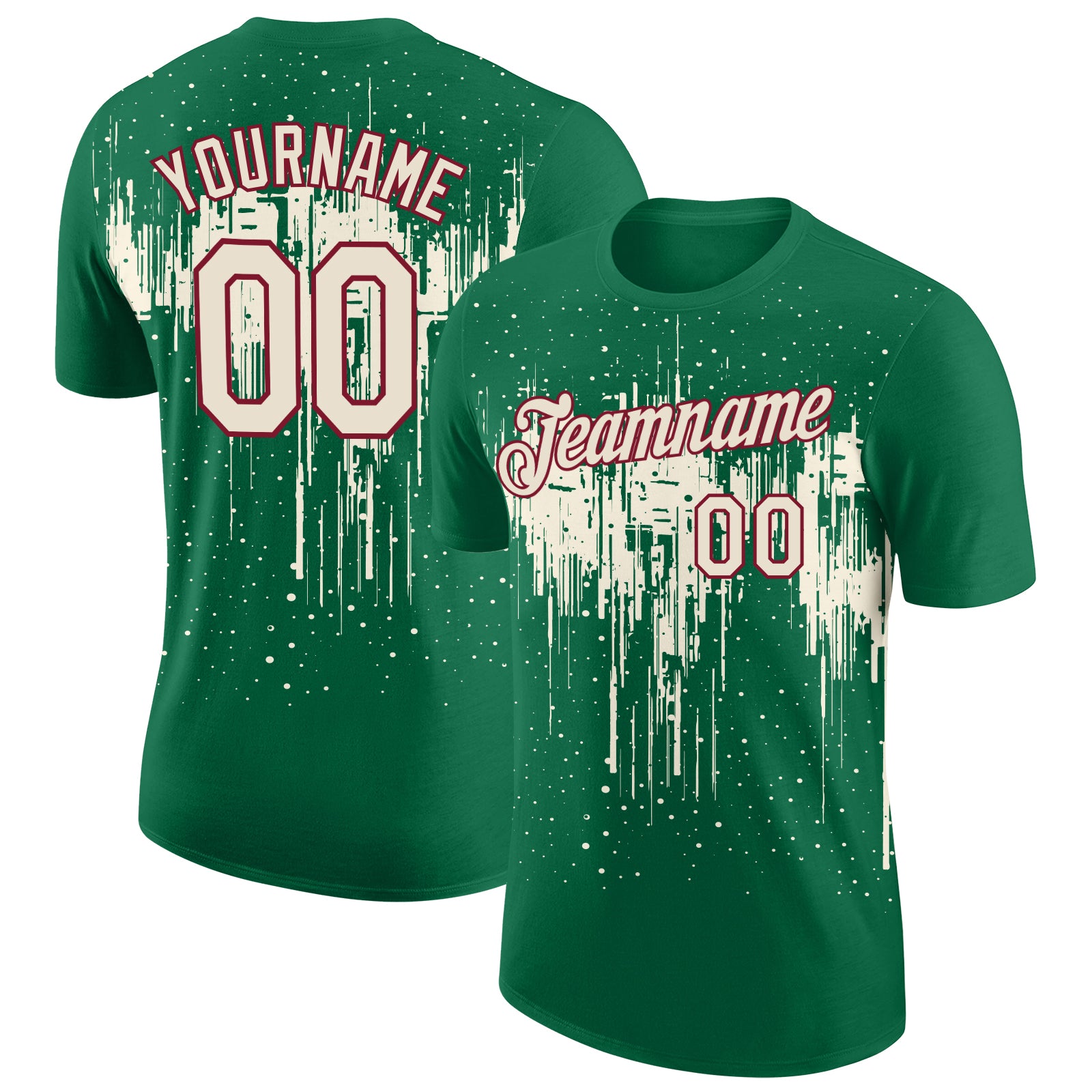 Custom Kelly Green Cream-Crimson Dripping Splatter Paint Performance T-Shirt