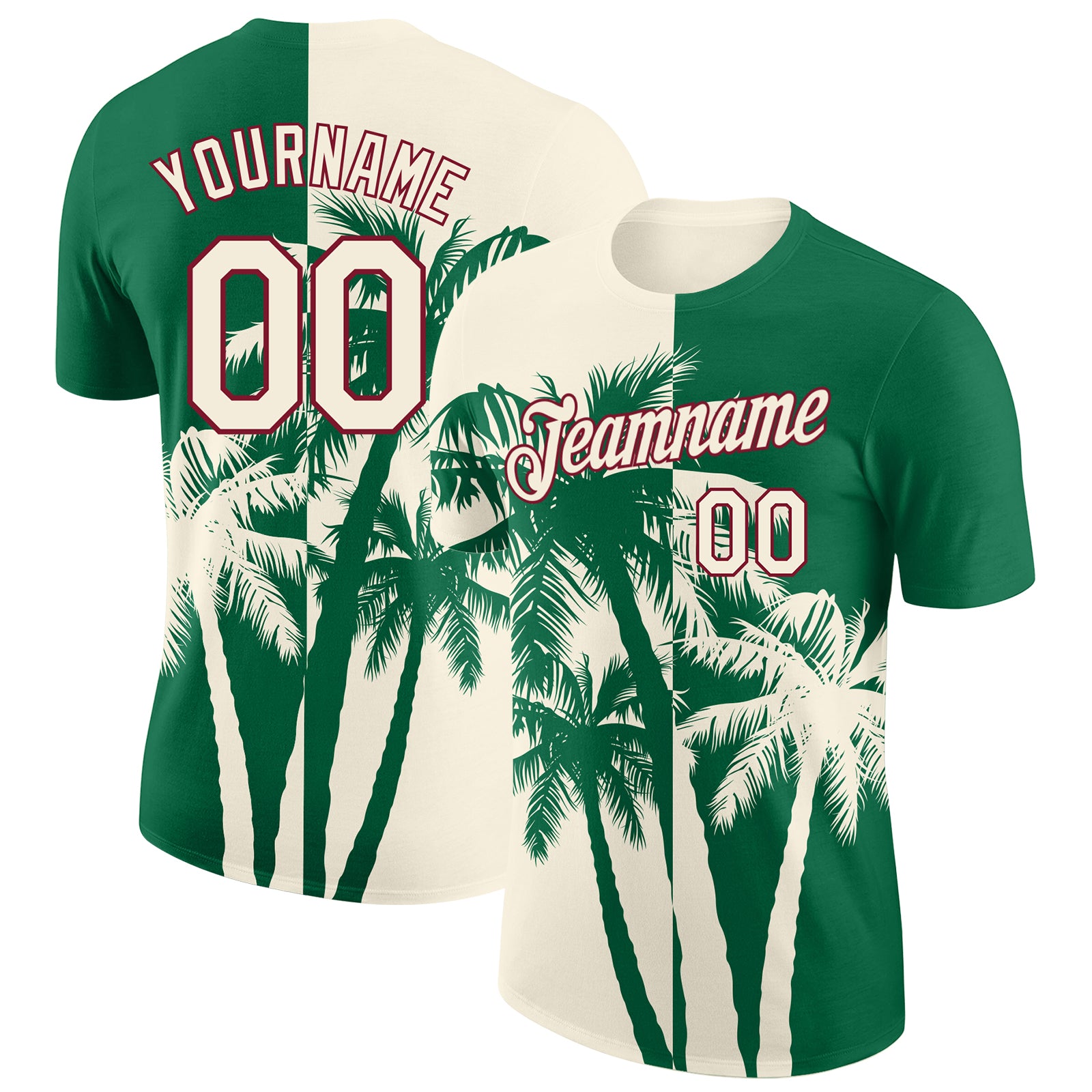 Custom Kelly Green Cream-Crimson Hawaii Tropical Coastal Palm Trees Performance T-Shirt