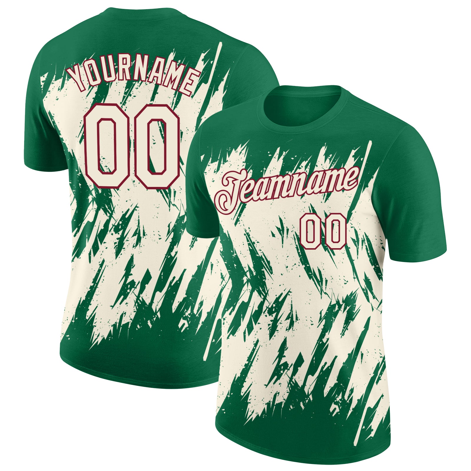 Custom Kelly Green Cream-Crimson Torn Sharp Brush Stroke Splatter Performance T-Shirt