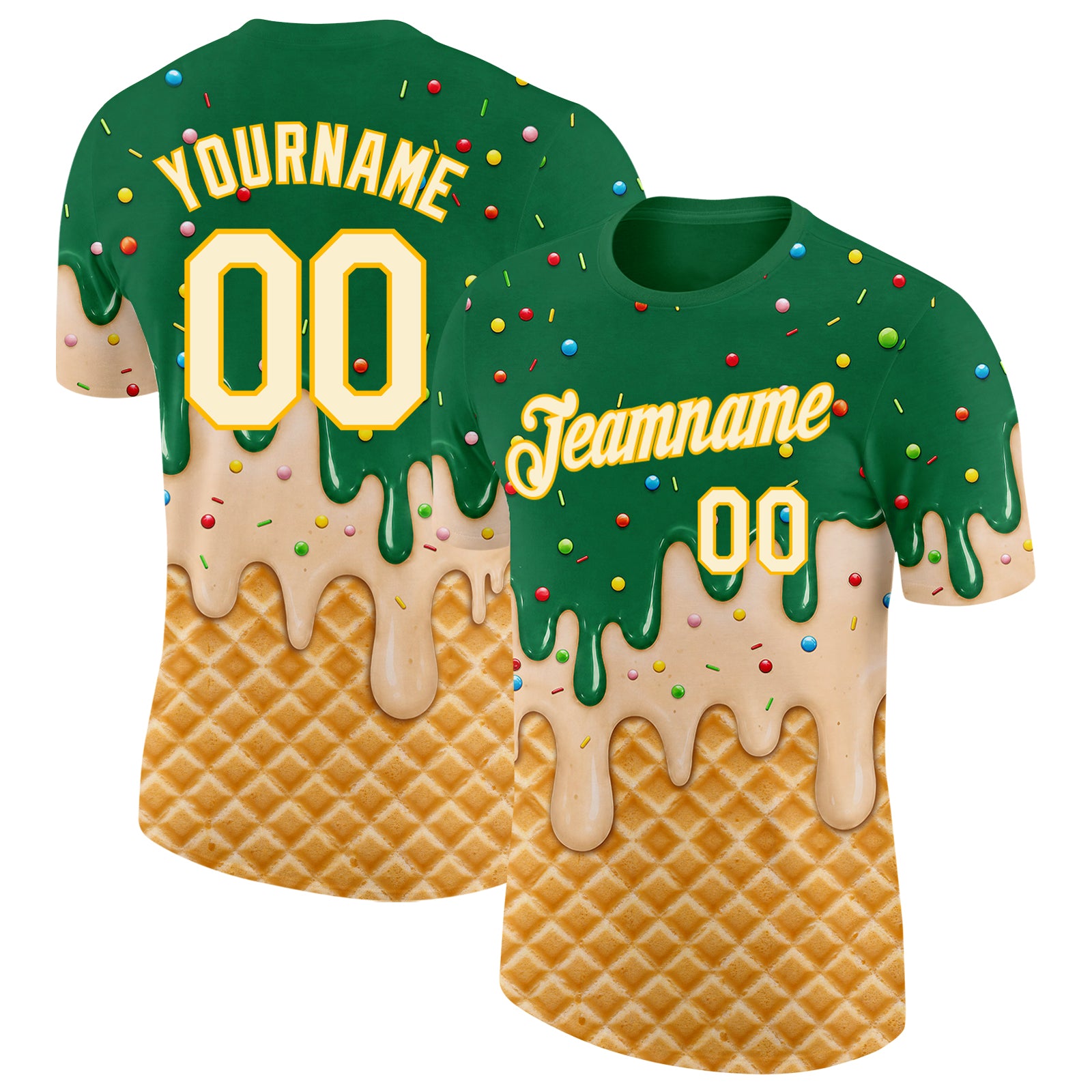 Custom Kelly Green Cream-Gold Ice Cream Waffle Foodie Dessert Performance T-Shirt