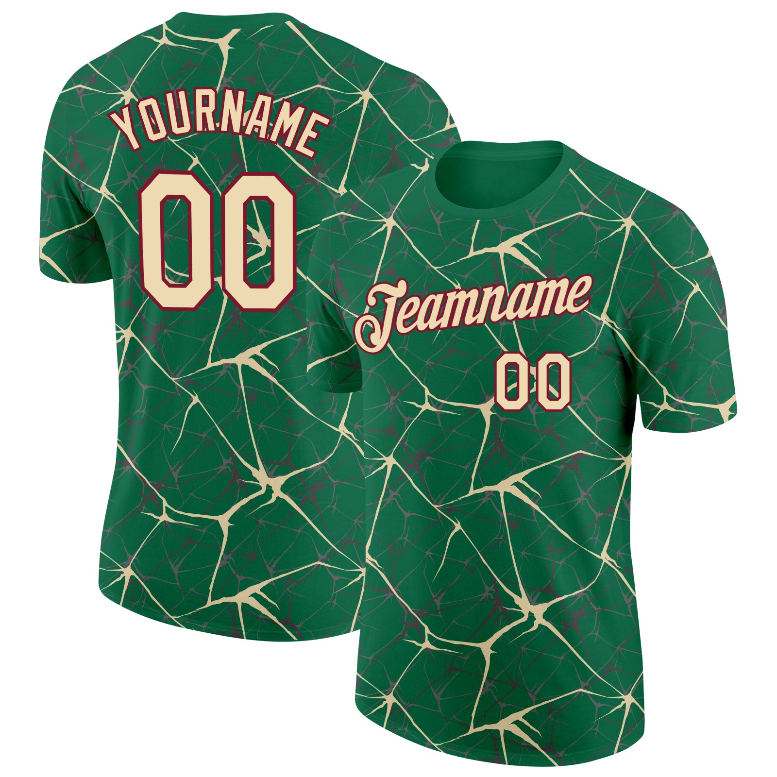 Custom Kelly Green Cream Gray-Crimson Abstract Network Crackle Performance T-Shirt
