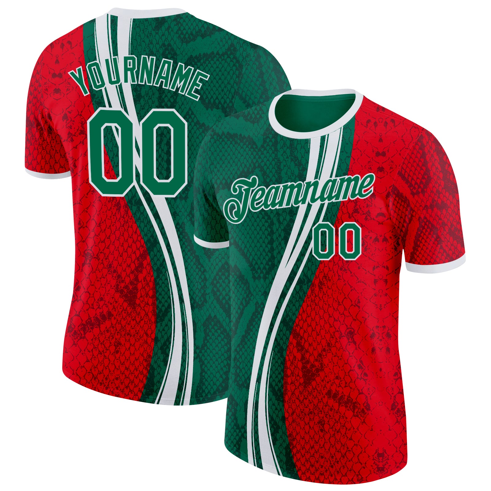 Custom Kelly Green Fire Red-White Mexico Snake Python Print Performance T-Shirt