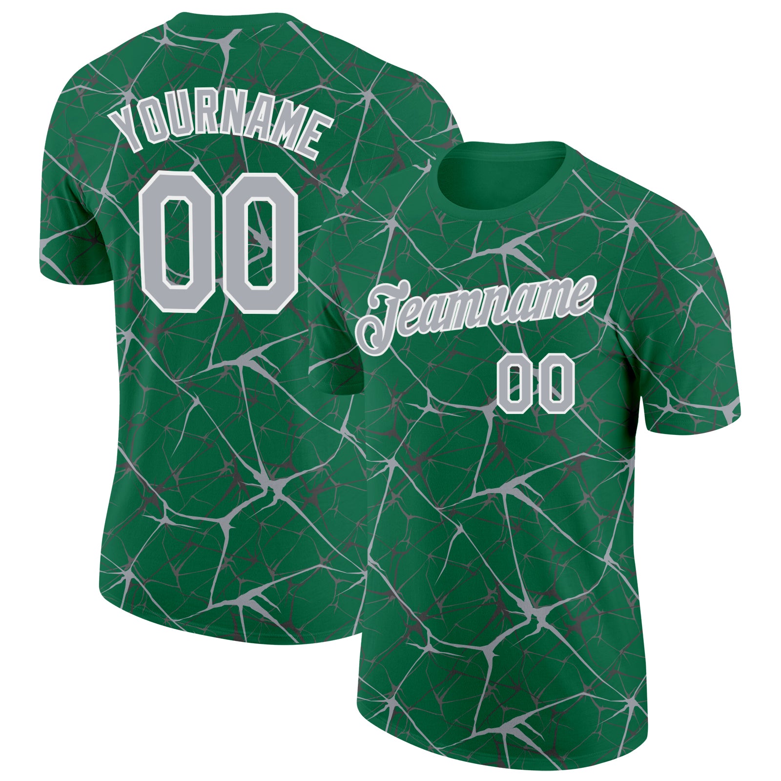 Custom Kelly Green Gray-White Abstract Network Crackle Performance T-Shirt