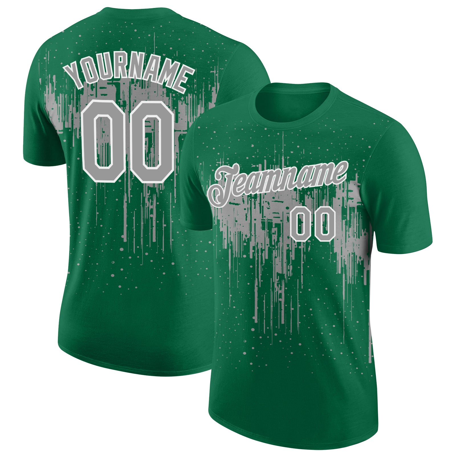Custom Kelly Green Gray-White Dripping Splatter Paint Performance T-Shirt