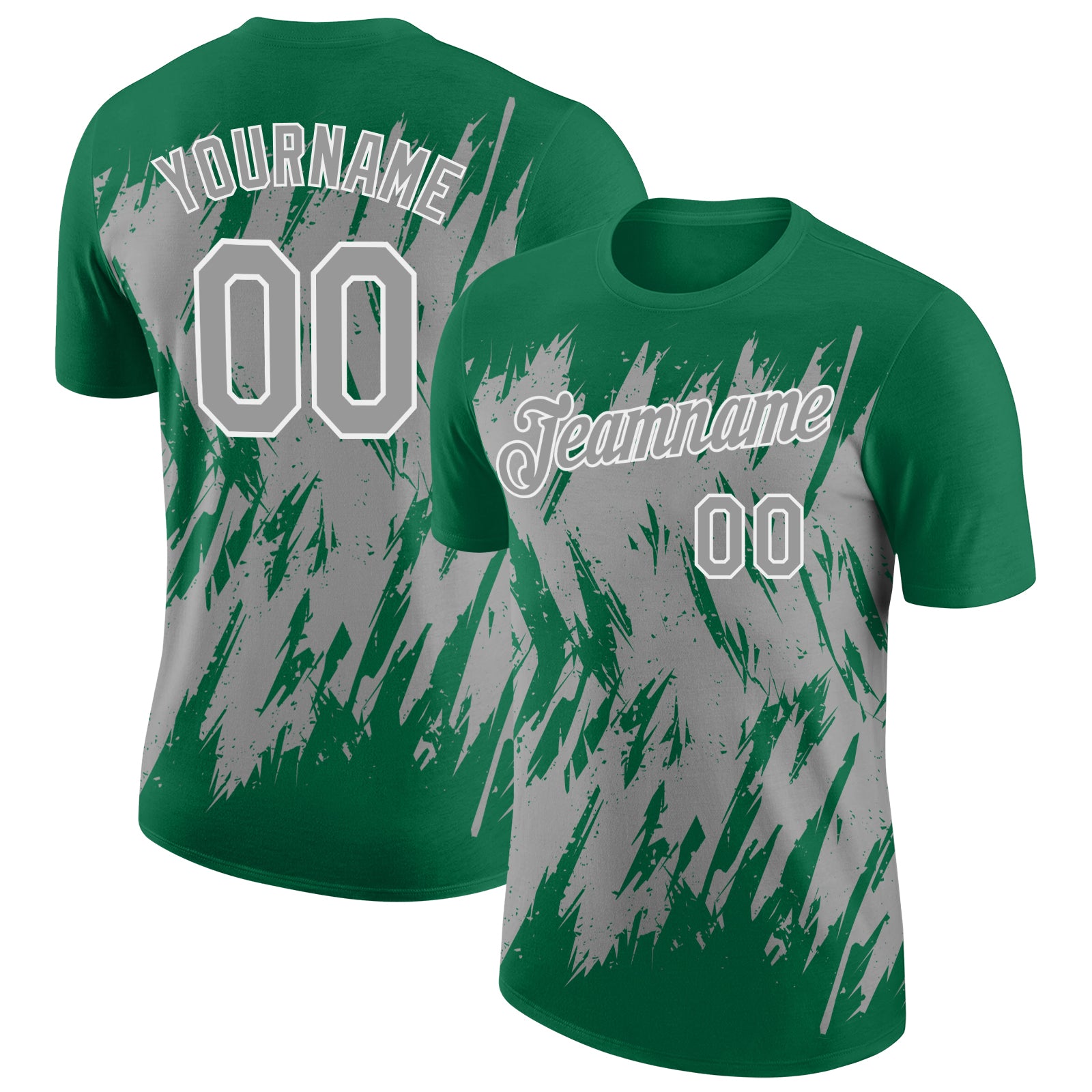 Custom Kelly Green Gray-White Torn Sharp Brush Stroke Splatter Performance T-Shirt