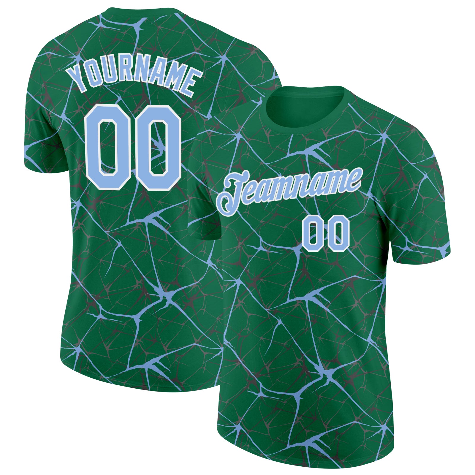 Custom Kelly Green Light Blue Gray-White Abstract Network Crackle Performance T-Shirt