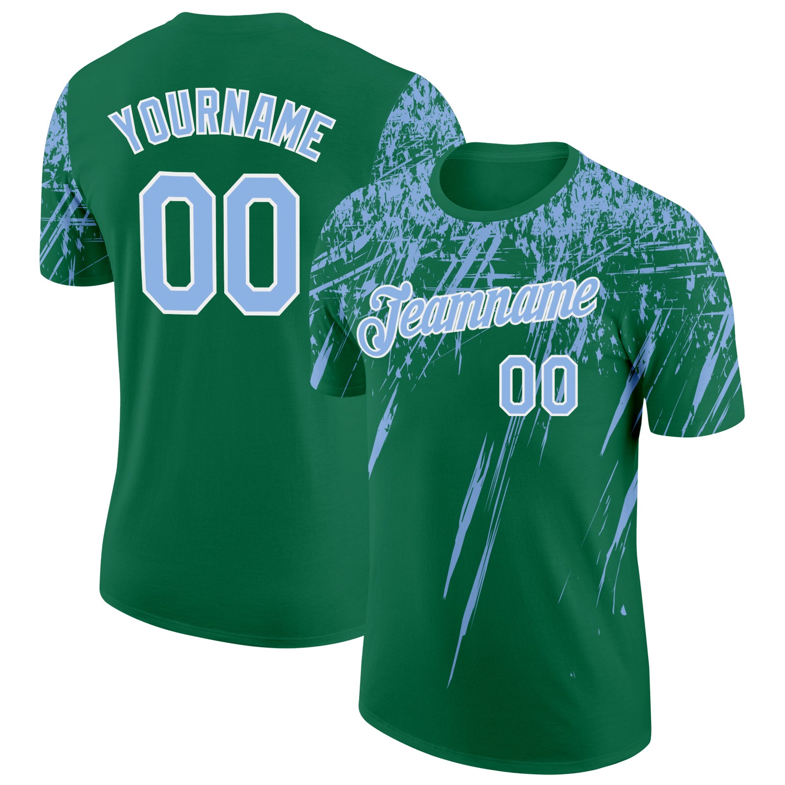 Custom Kelly Green Light Blue-White Distressed Scratch Brush Stroke Performance T-Shirt