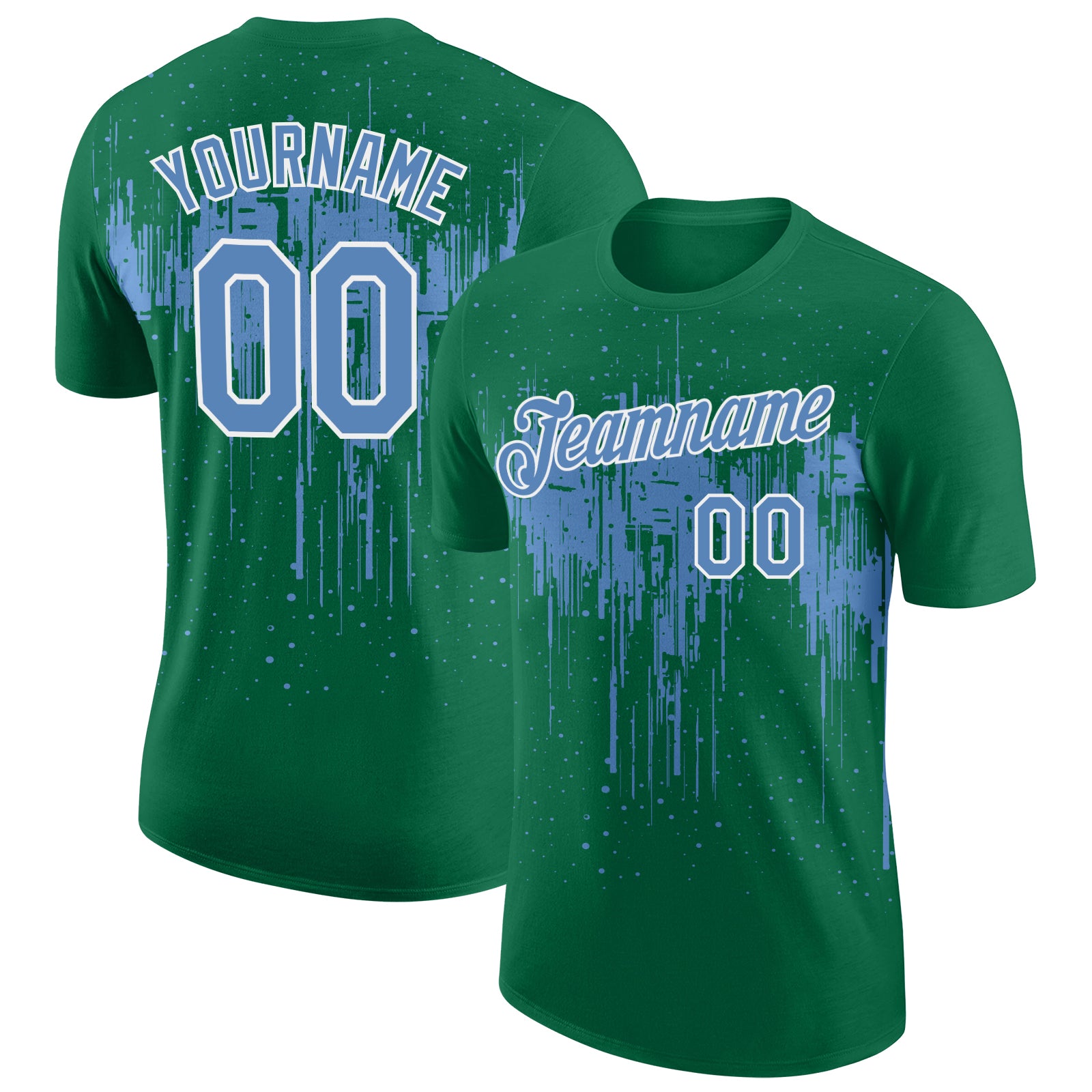 Custom Kelly Green Light Blue-White Dripping Splatter Paint Performance T-Shirt