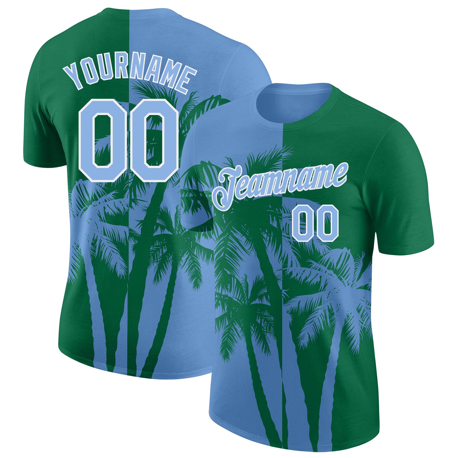 Custom Kelly Green Light Blue-White Hawaii Tropical Coastal Palm Trees Performance T-Shirt