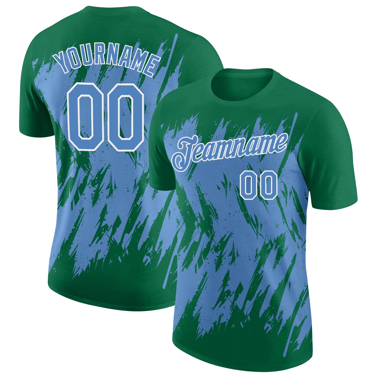 Custom Kelly Green Light Blue-White Torn Sharp Brush Stroke Splatter Performance T-Shirt