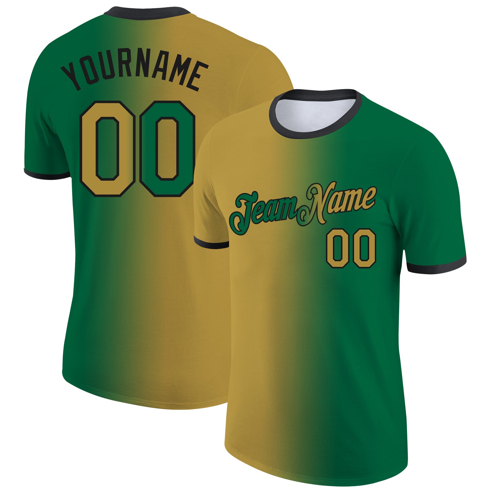 Custom Kelly Green Old Gold-Black Gradient Fashion Performance T-Shirt