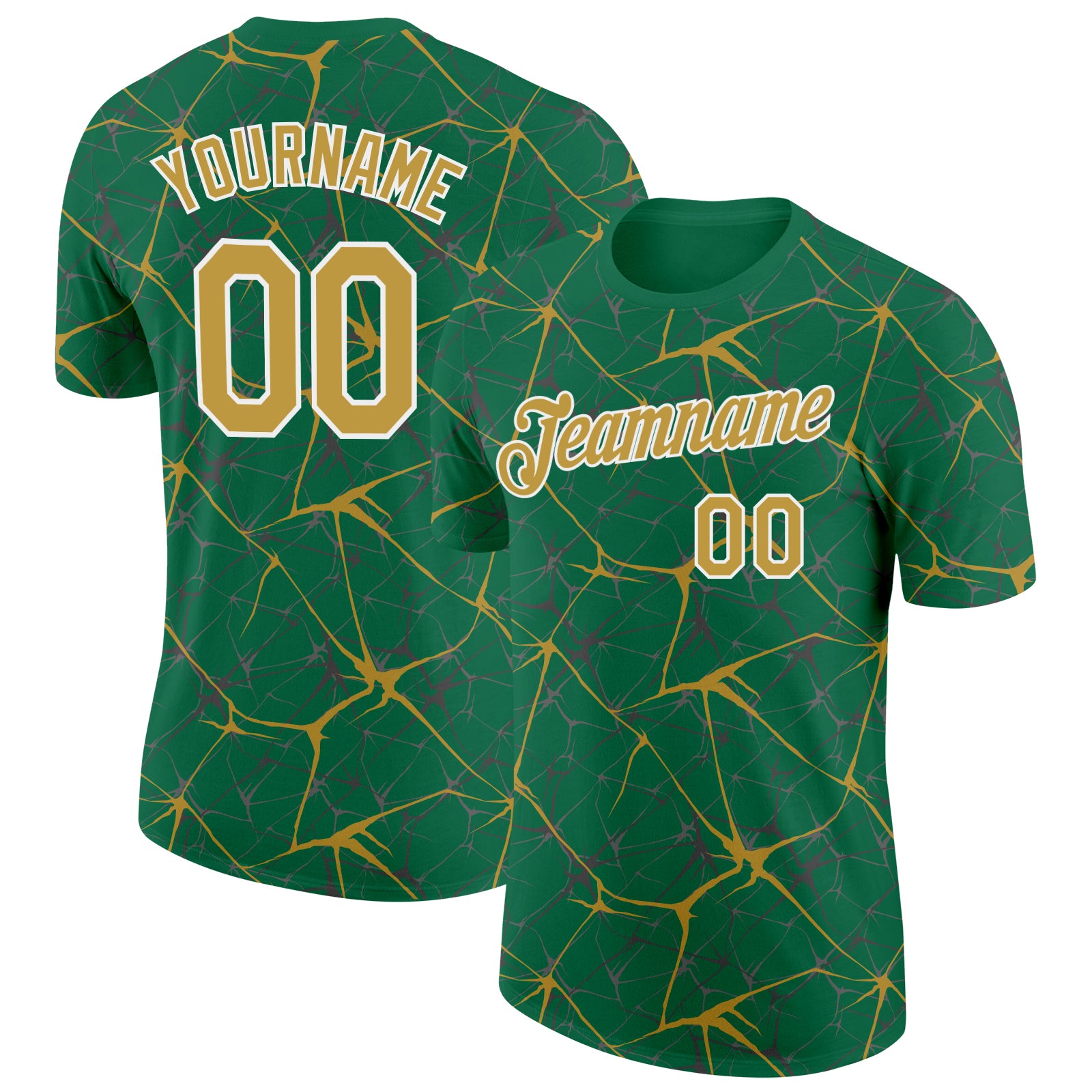 Custom Kelly Green Old Gold Gray-White Abstract Network Crackle Performance T-Shirt