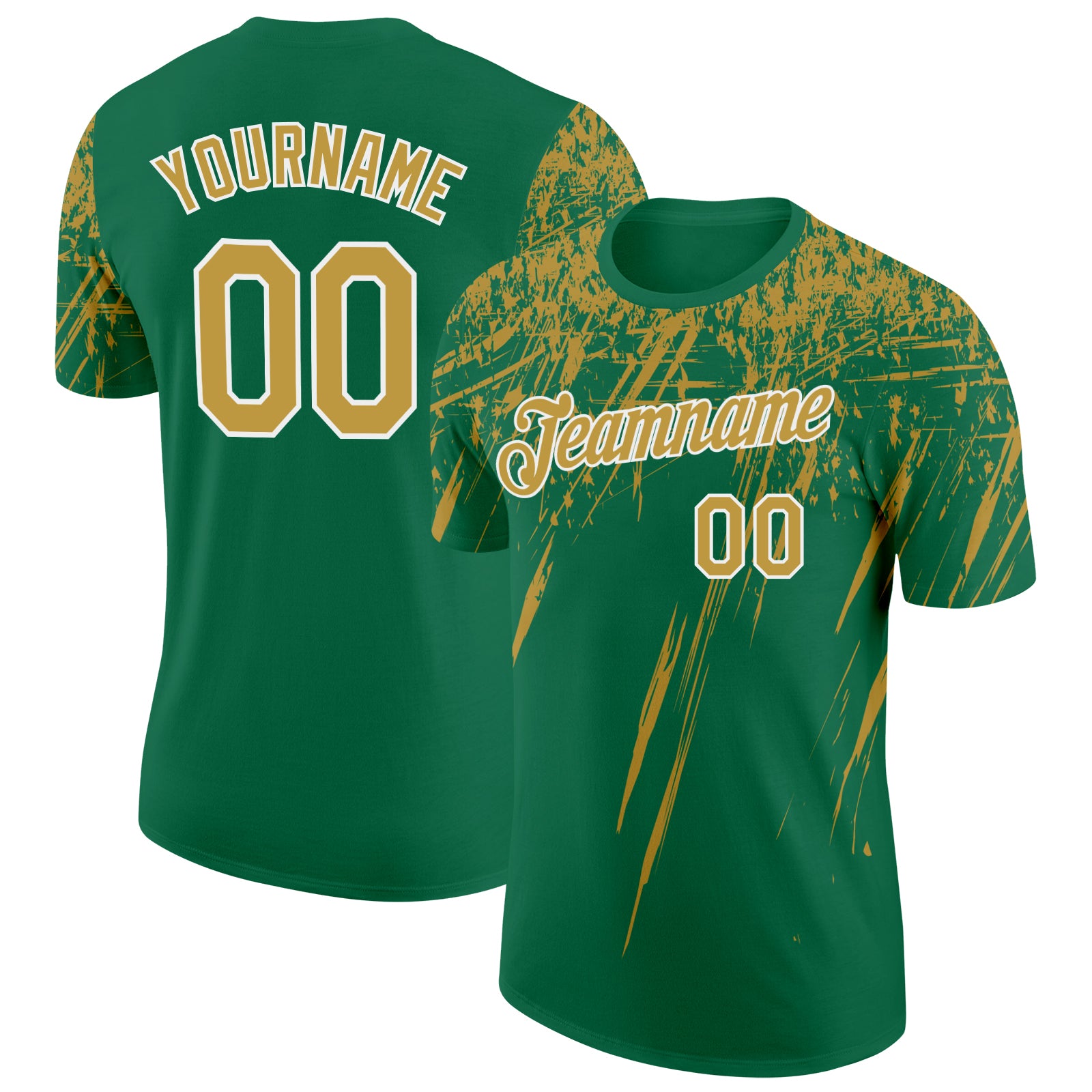 Custom Kelly Green Old Gold-White Distressed Scratch Brush Stroke Performance T-Shirt