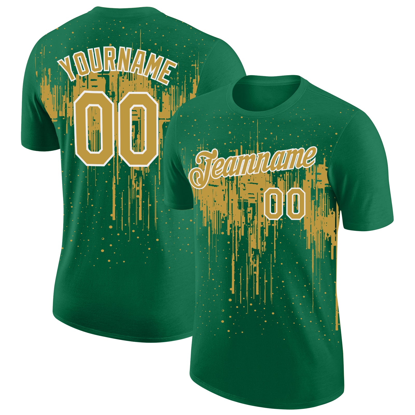 Custom Kelly Green Old Gold-White Dripping Splatter Paint Performance T-Shirt