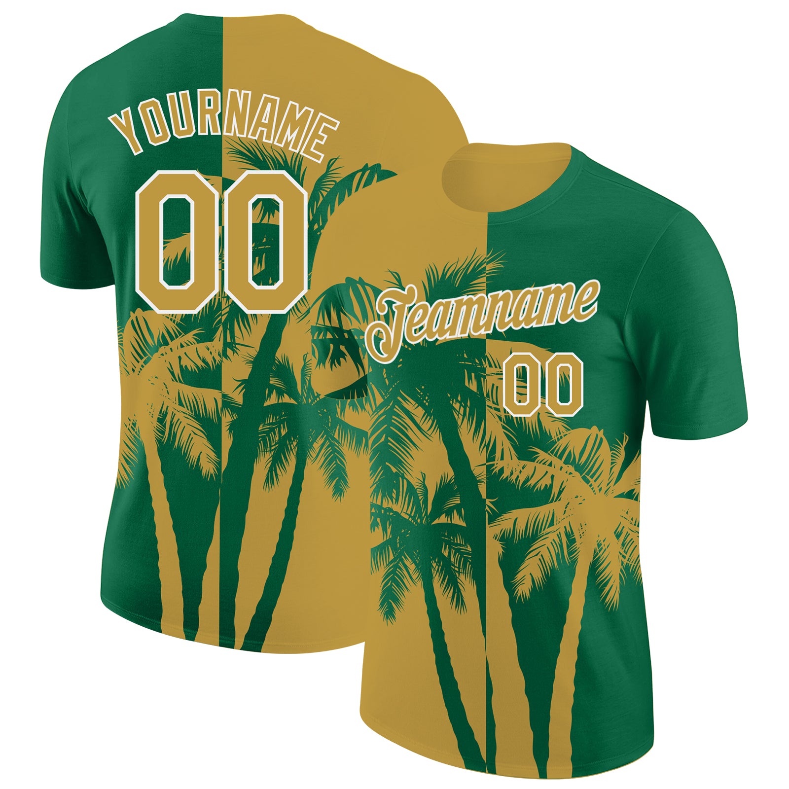 Custom Kelly Green Old Gold-White Hawaii Tropical Coastal Palm Trees Performance T-Shirt
